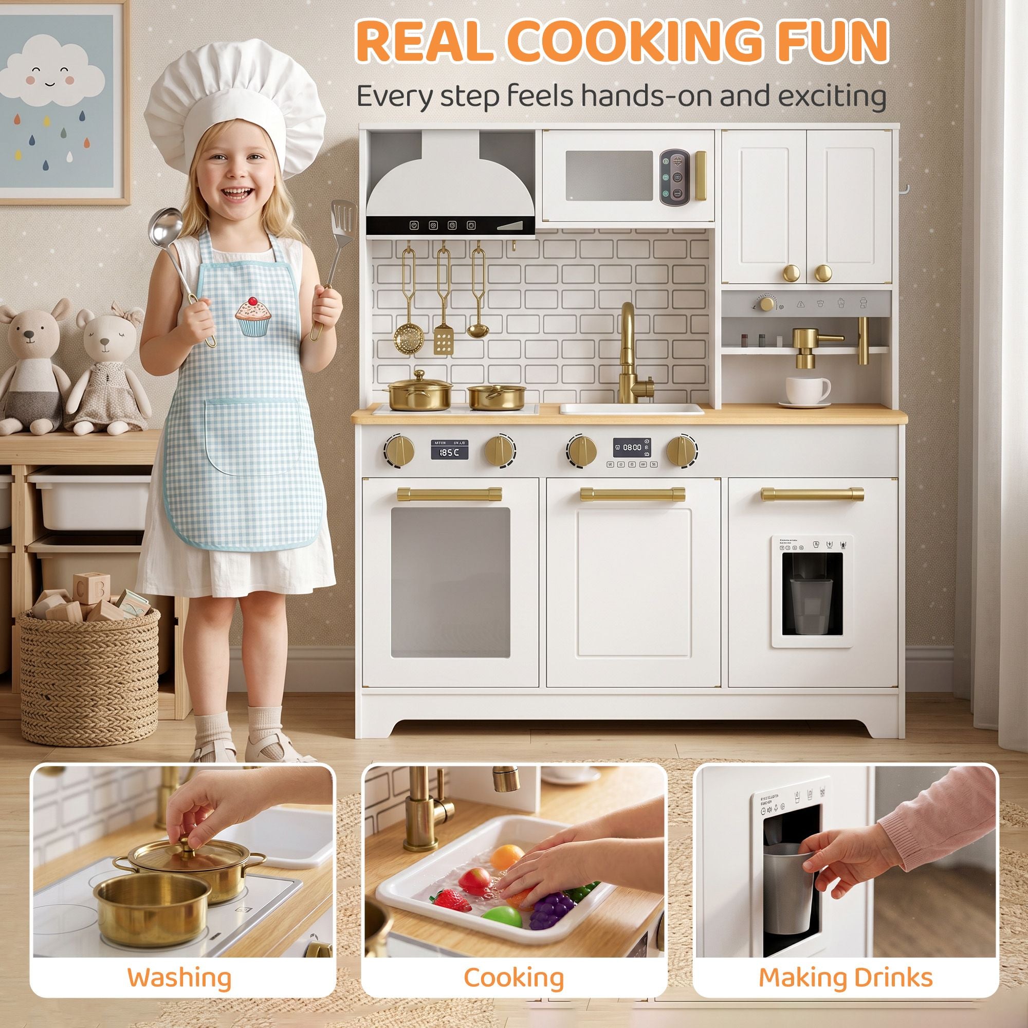 Qaba Kids Play Kitchen with Coffee Maker, Ice Maker and Storage, White - product view 4