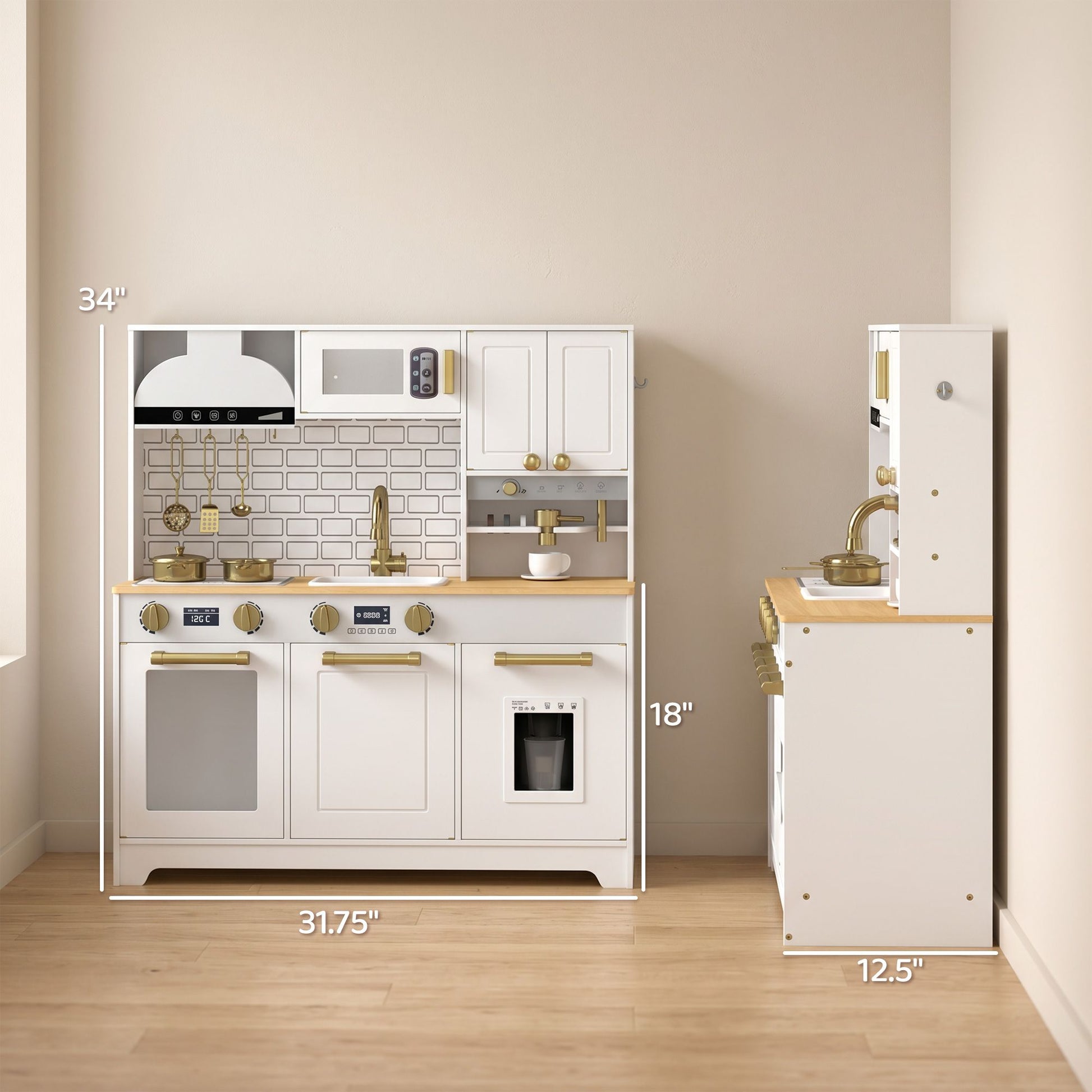 Qaba Kids Play Kitchen with Coffee Maker, Ice Maker and Storage, White - product view 3
