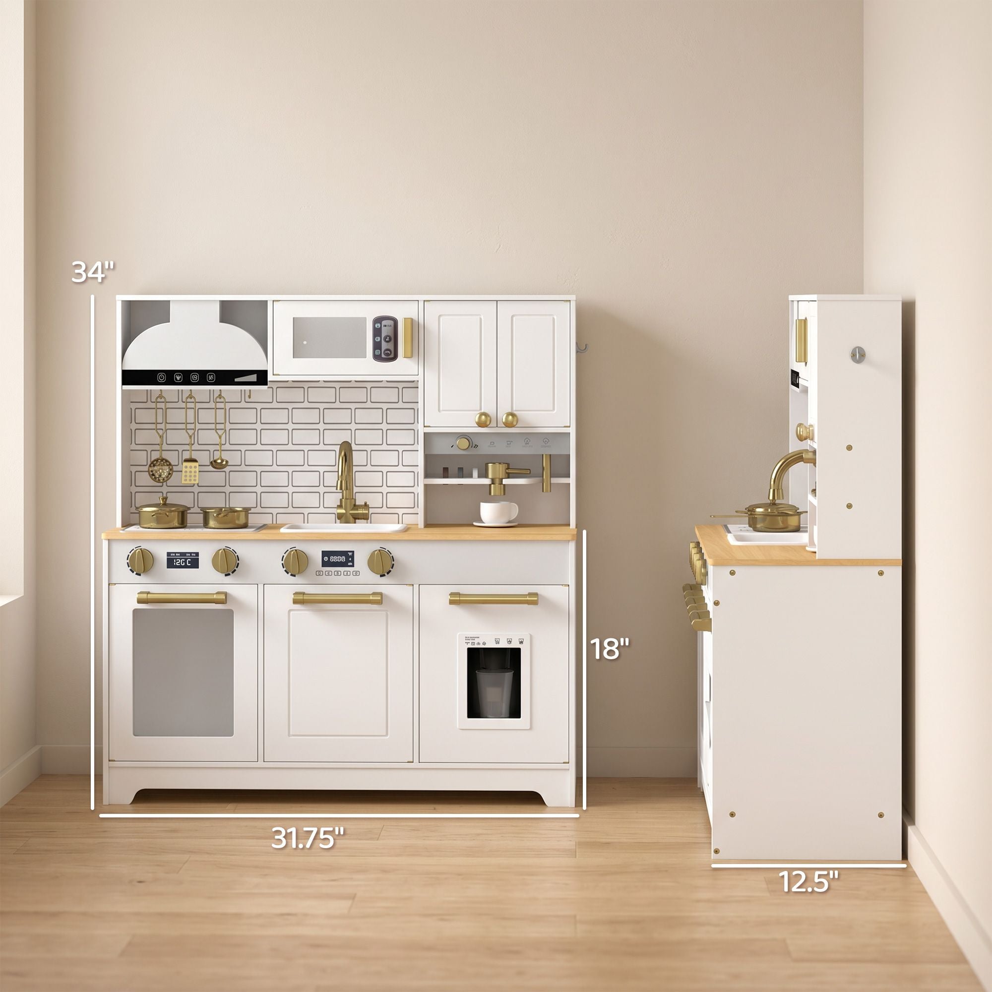 Qaba Kids Play Kitchen with Coffee Maker, Ice Maker and Storage, White - product view 3