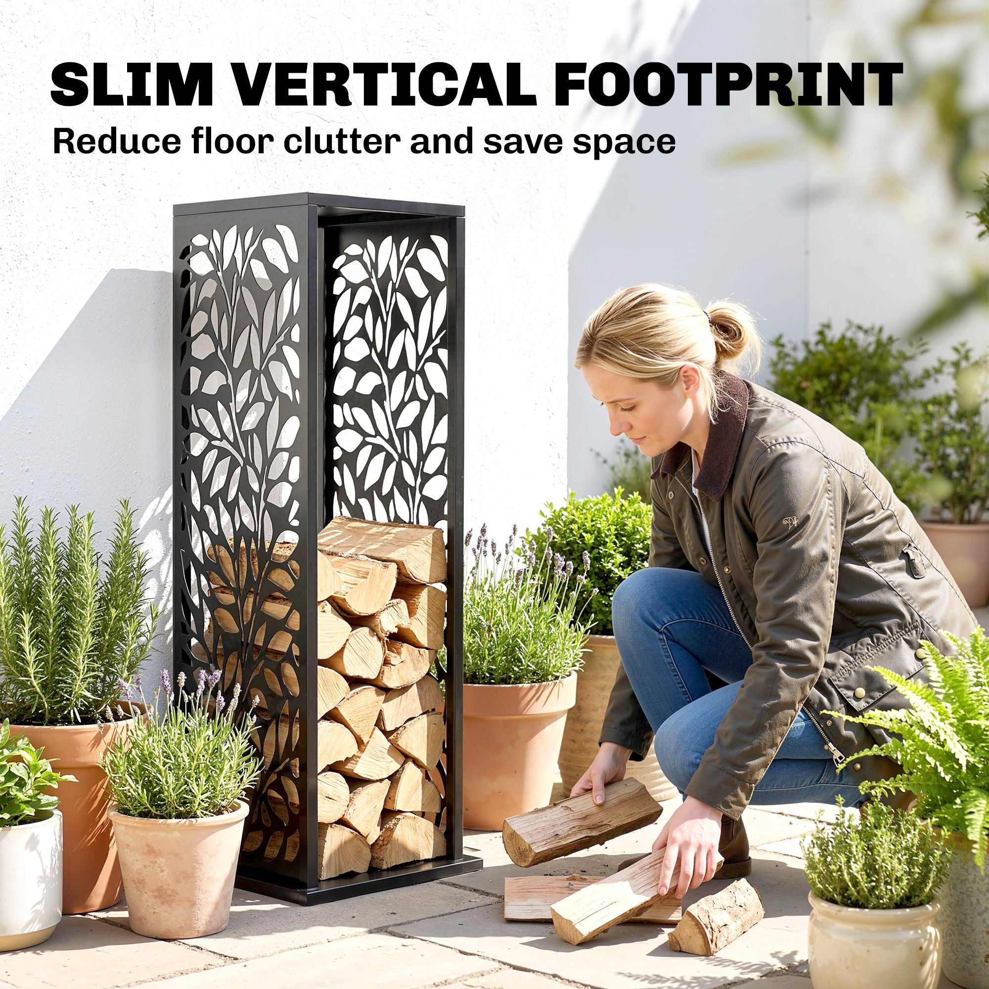 Outsunny 15 in Galvanized Steel Firewood Rack with Hooks, Black - product view 6