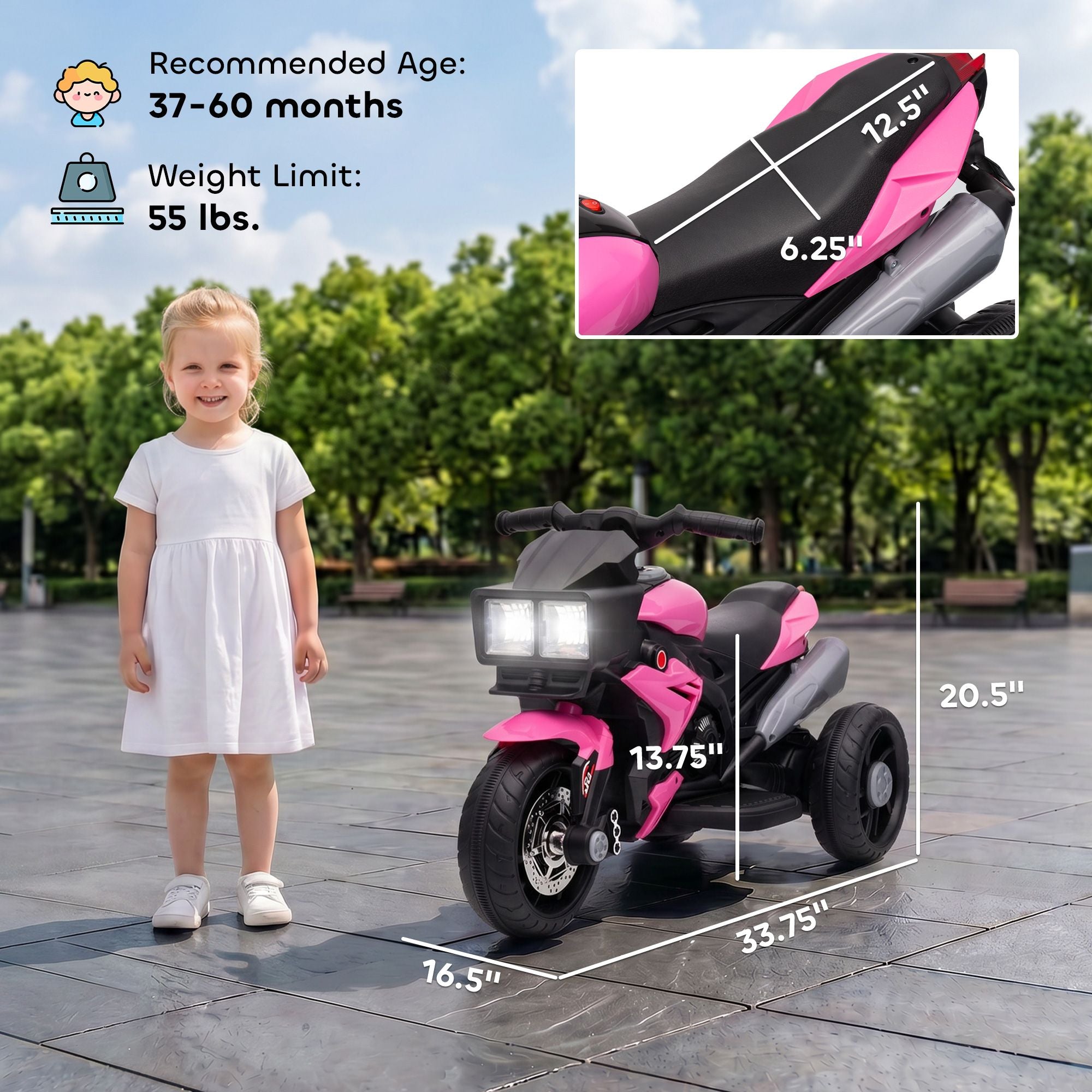 Aosom 6V Kids Electric Motorcycle with Horn and Headlights, Pink - product view 3