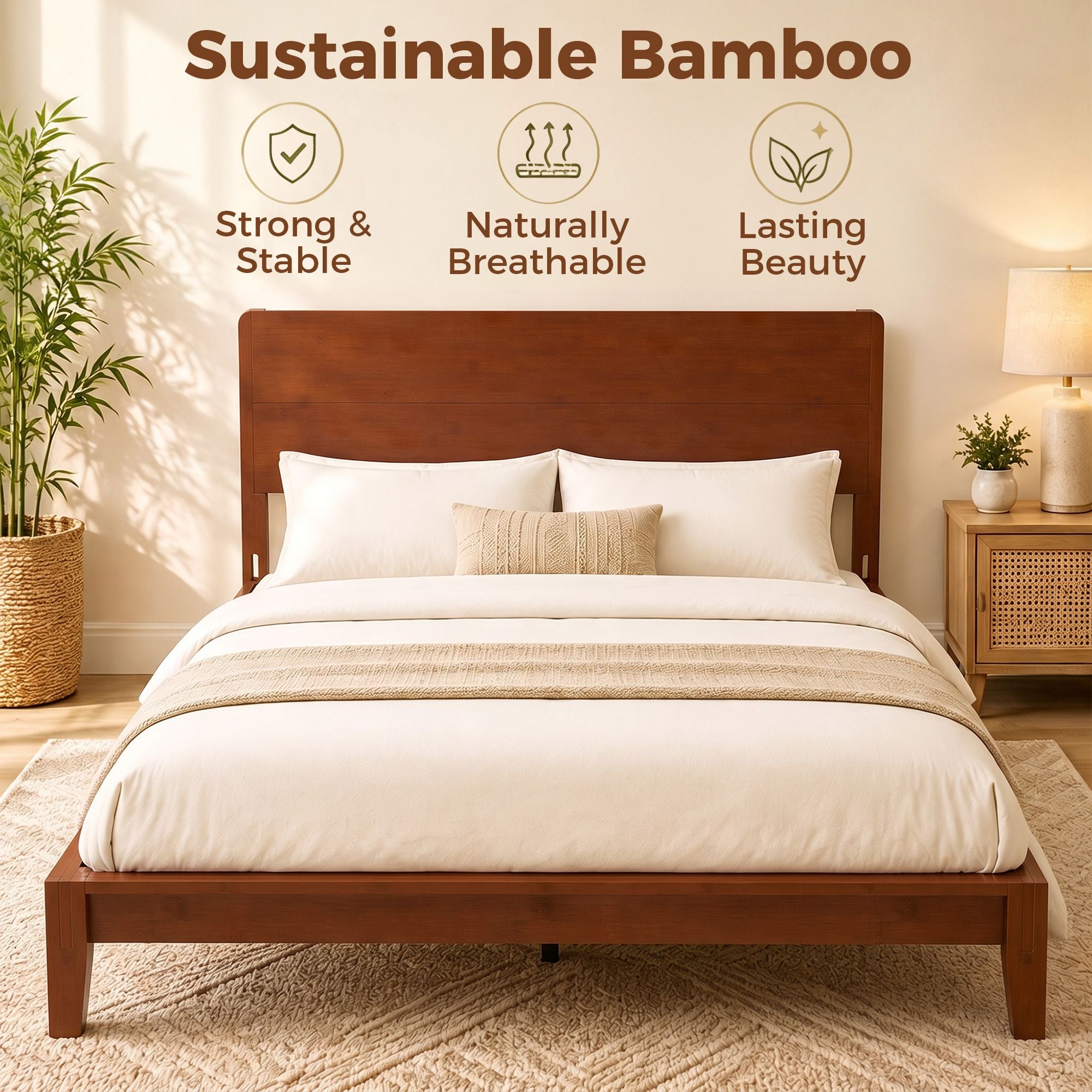 HOMCOM Queen Bamboo Platform Bed Frame with Headboard, Brown - product view 4