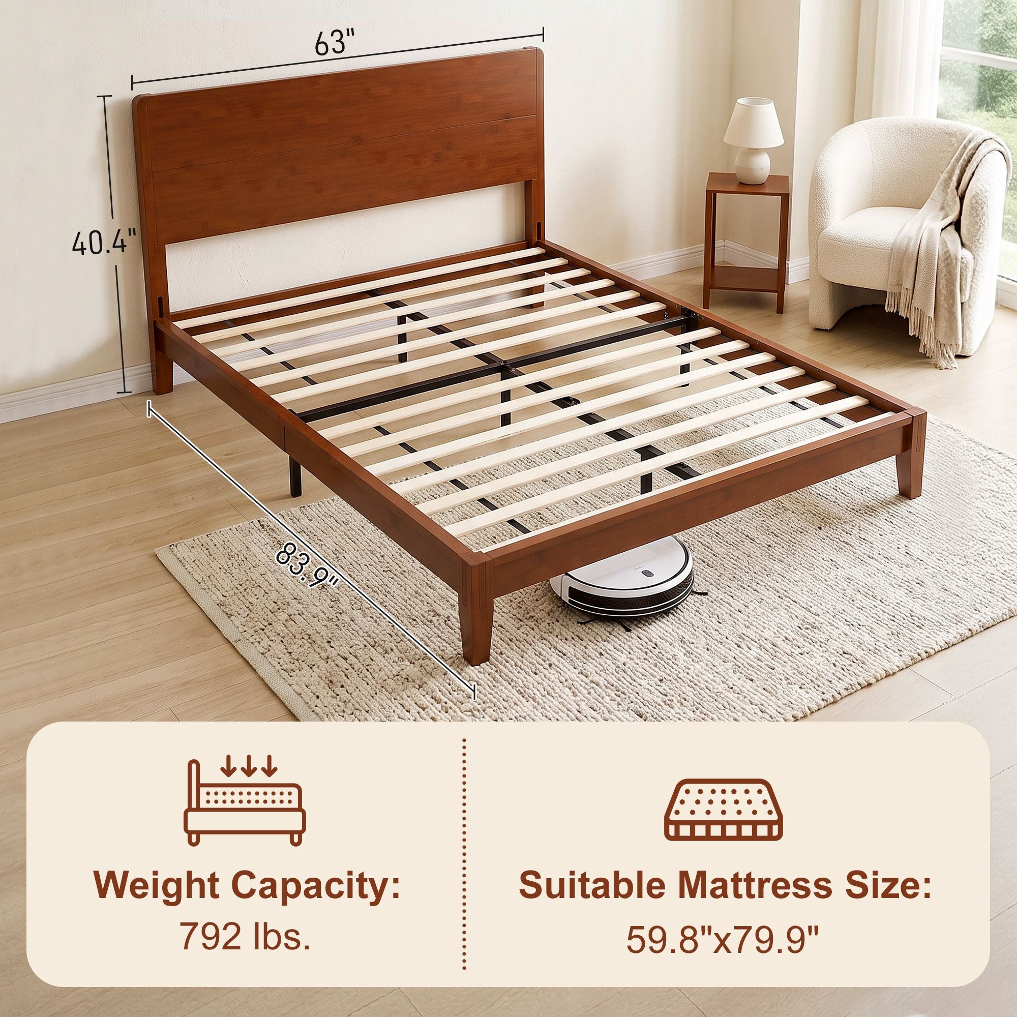 HOMCOM Queen Bamboo Platform Bed Frame with Headboard, Brown - product view 3