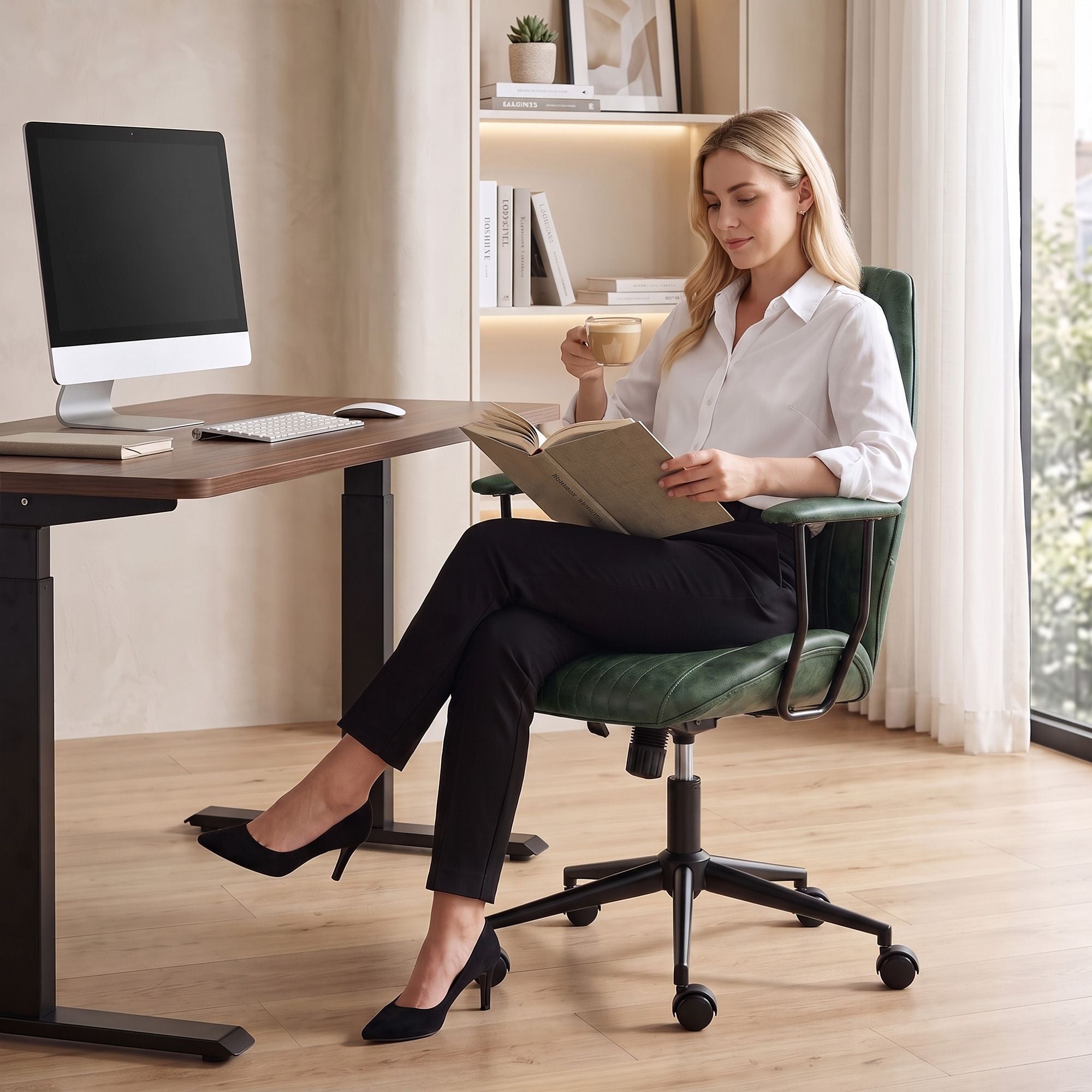 HOMCOM Vintage Faux Leather Home Office Chair with Padded Arms, Green - product view 8