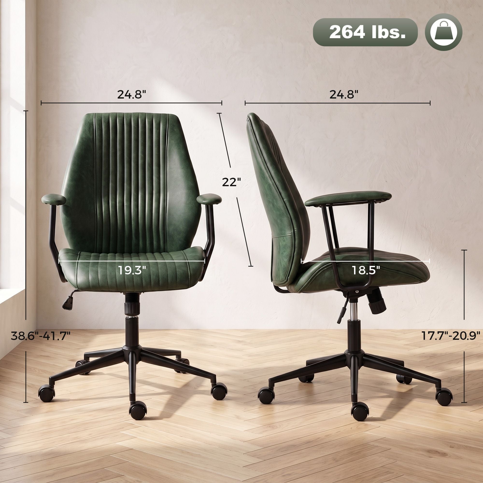 HOMCOM Vintage Faux Leather Home Office Chair with Padded Arms, Green - product view 3
