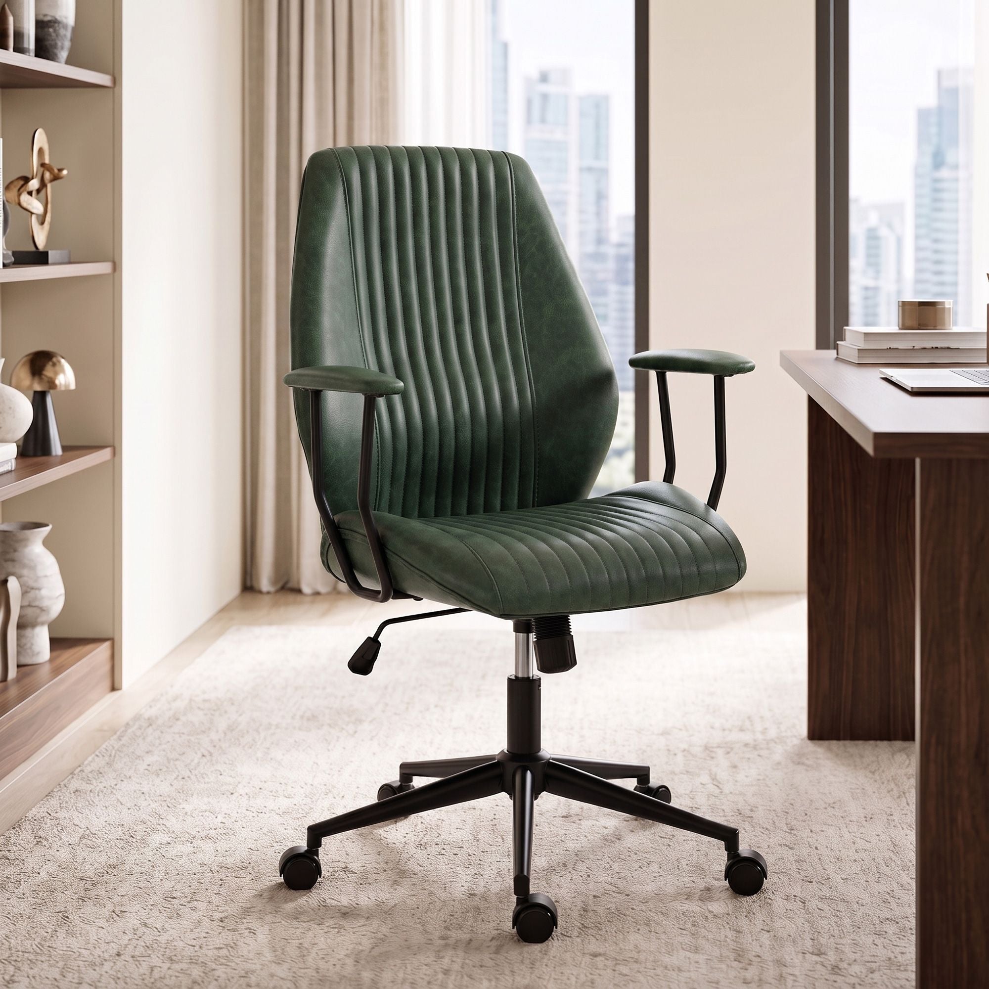 HOMCOM Vintage Faux Leather Home Office Chair with Padded Arms, Green - product view 2