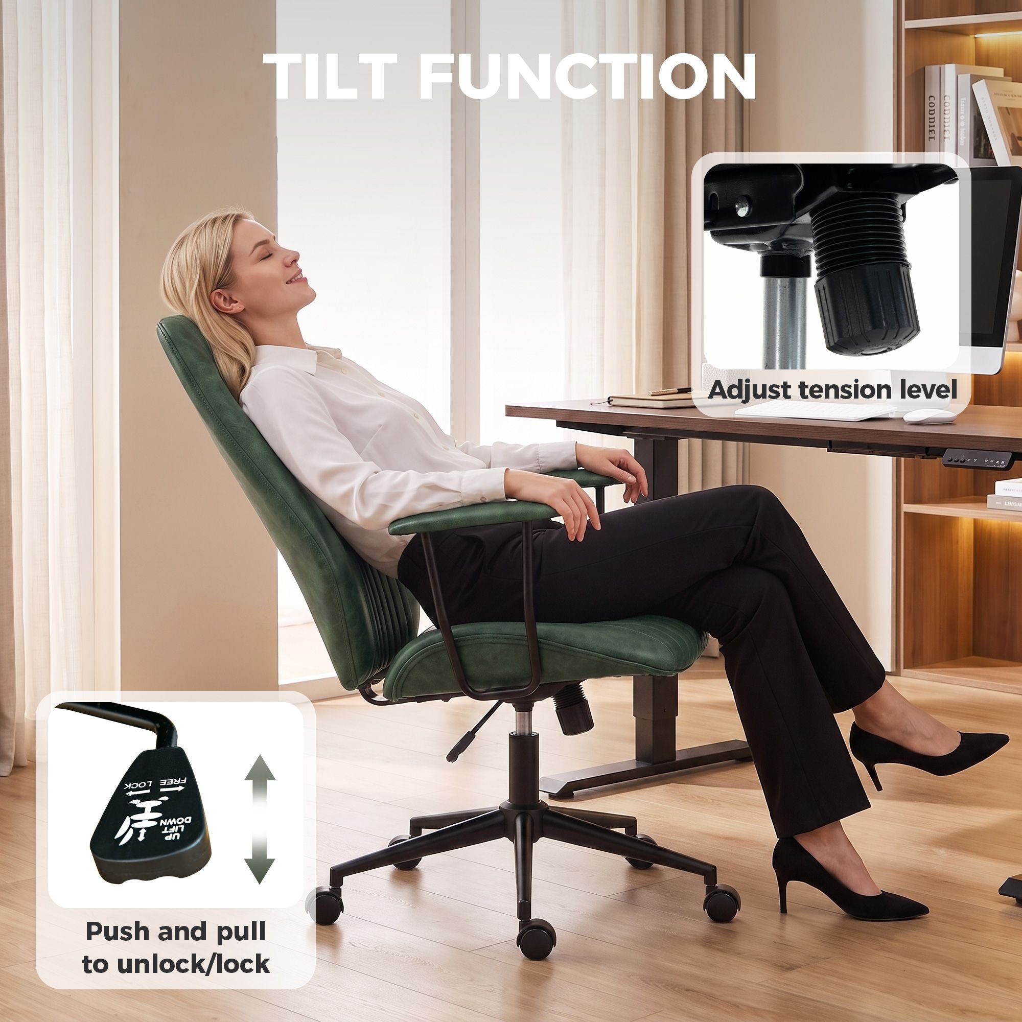 HOMCOM Vintage Faux Leather Home Office Chair with Padded Arms, Green - product view 6