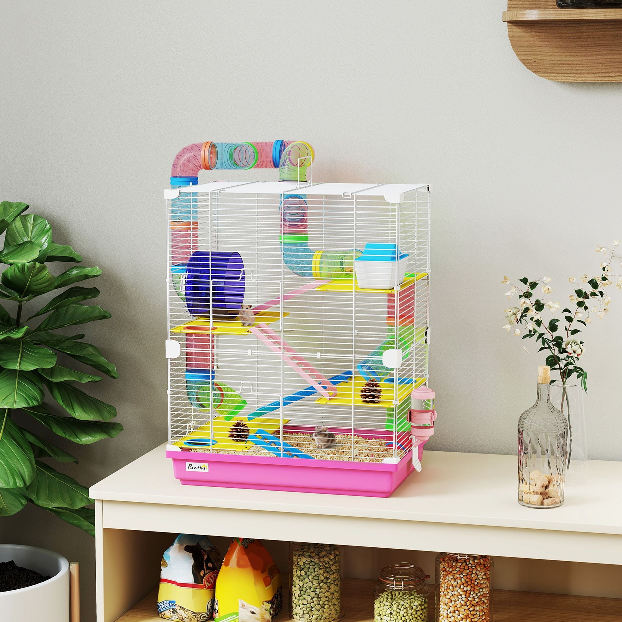 PawHut 5-Tier Hamster Cage with Travel Carrier and Accessories, Pink