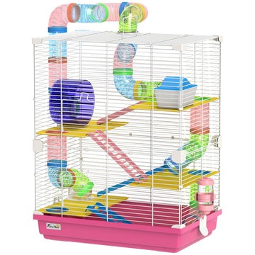 PawHut 5-Tier Hamster Cage with Travel Carrier and Accessories, Pink