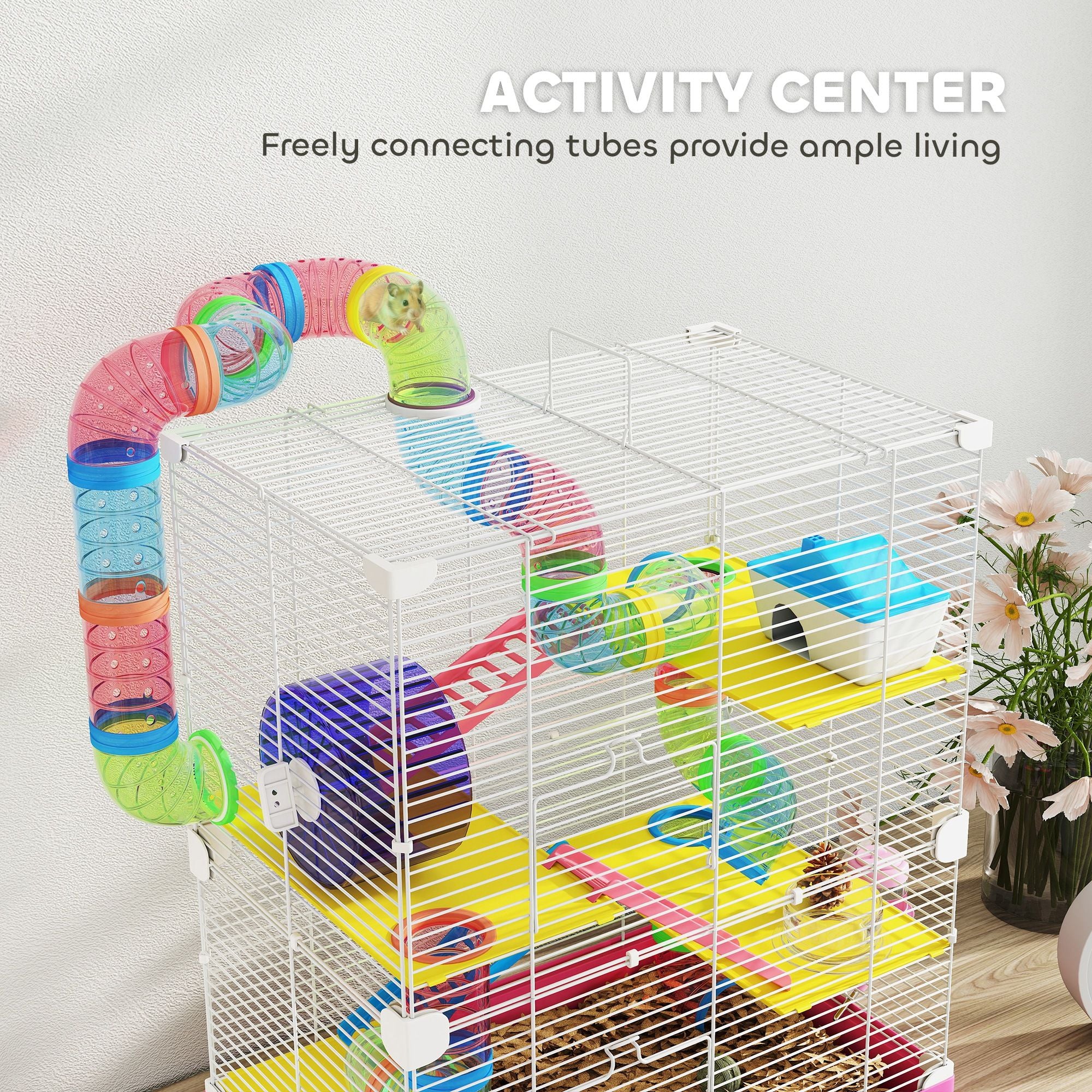 PawHut 5-Tier Hamster Cage with Travel Carrier and Accessories, Pink