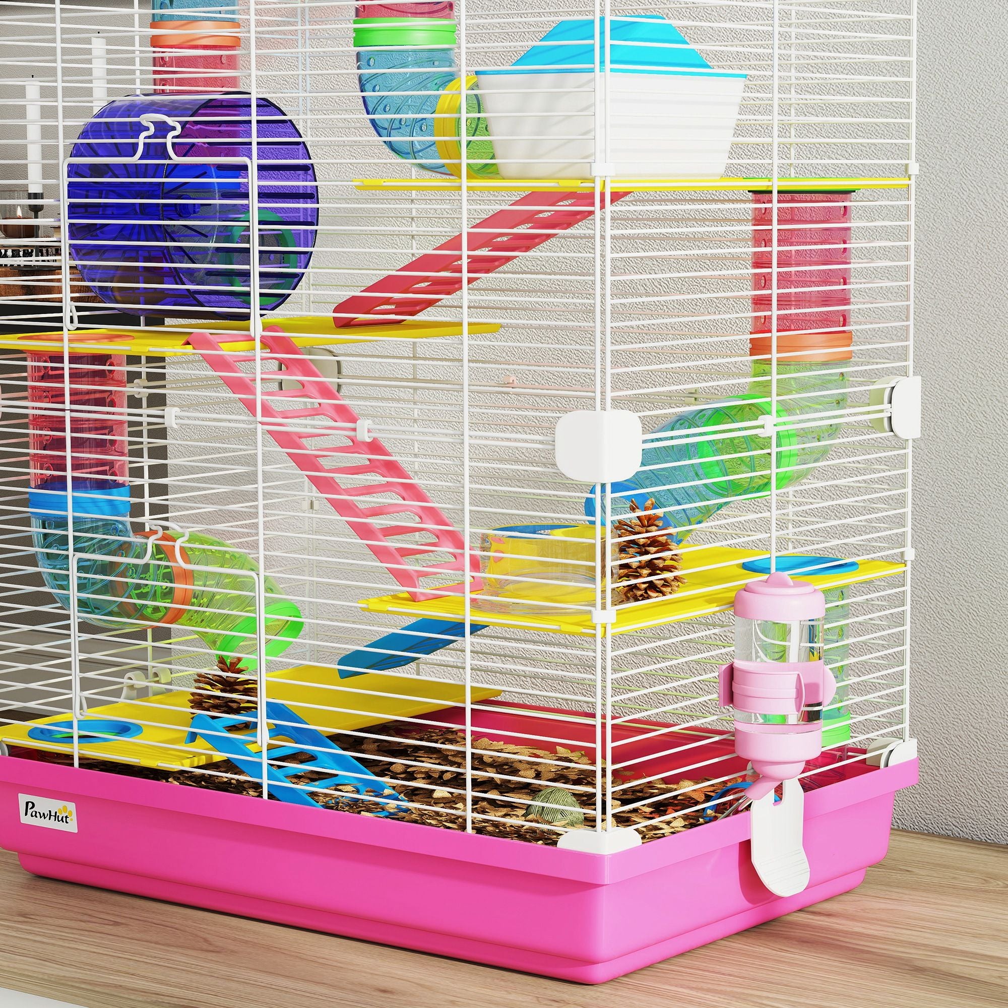 PawHut 5-Tier Hamster Cage with Travel Carrier and Accessories, Pink