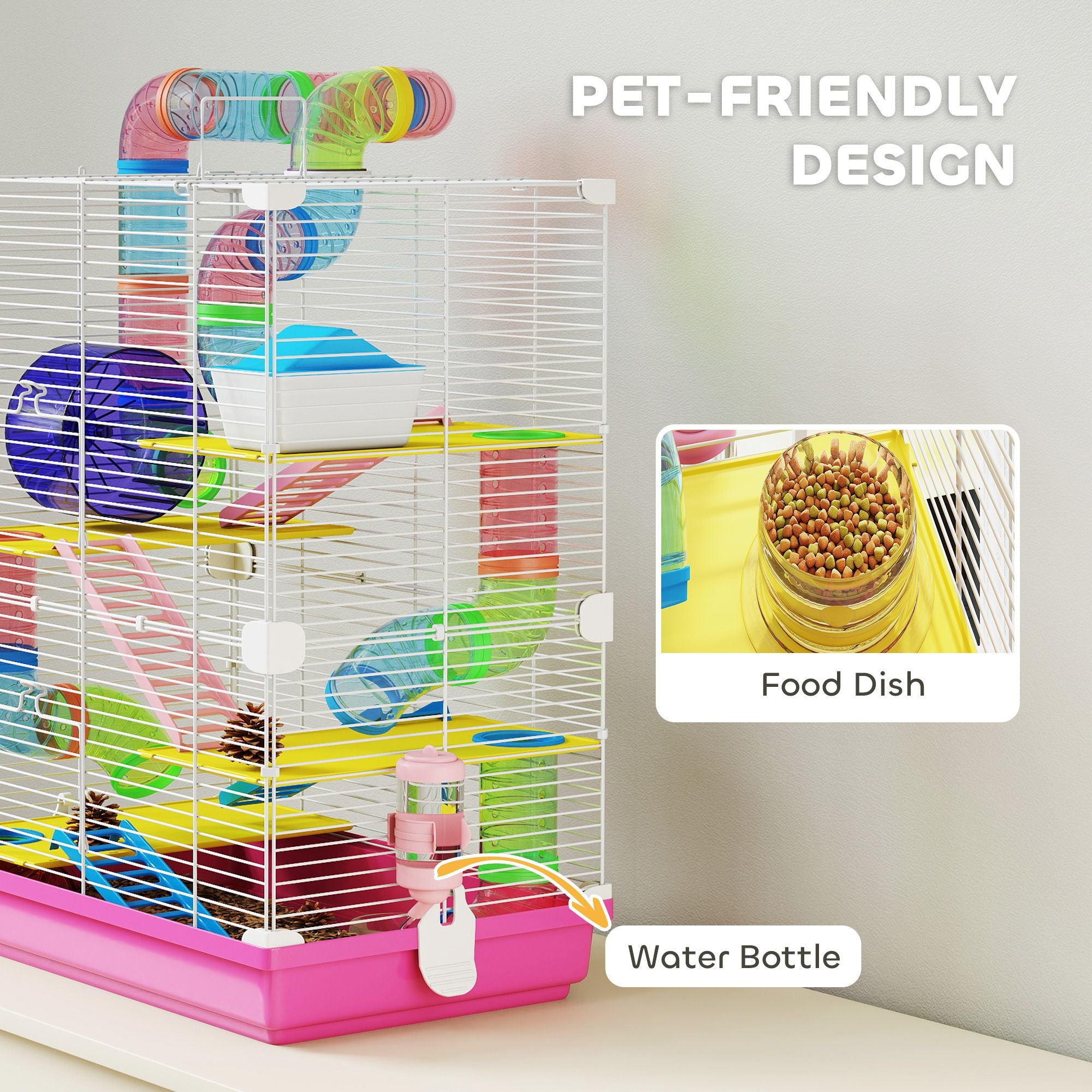PawHut 5-Tier Hamster Cage with Travel Carrier and Accessories, Pink