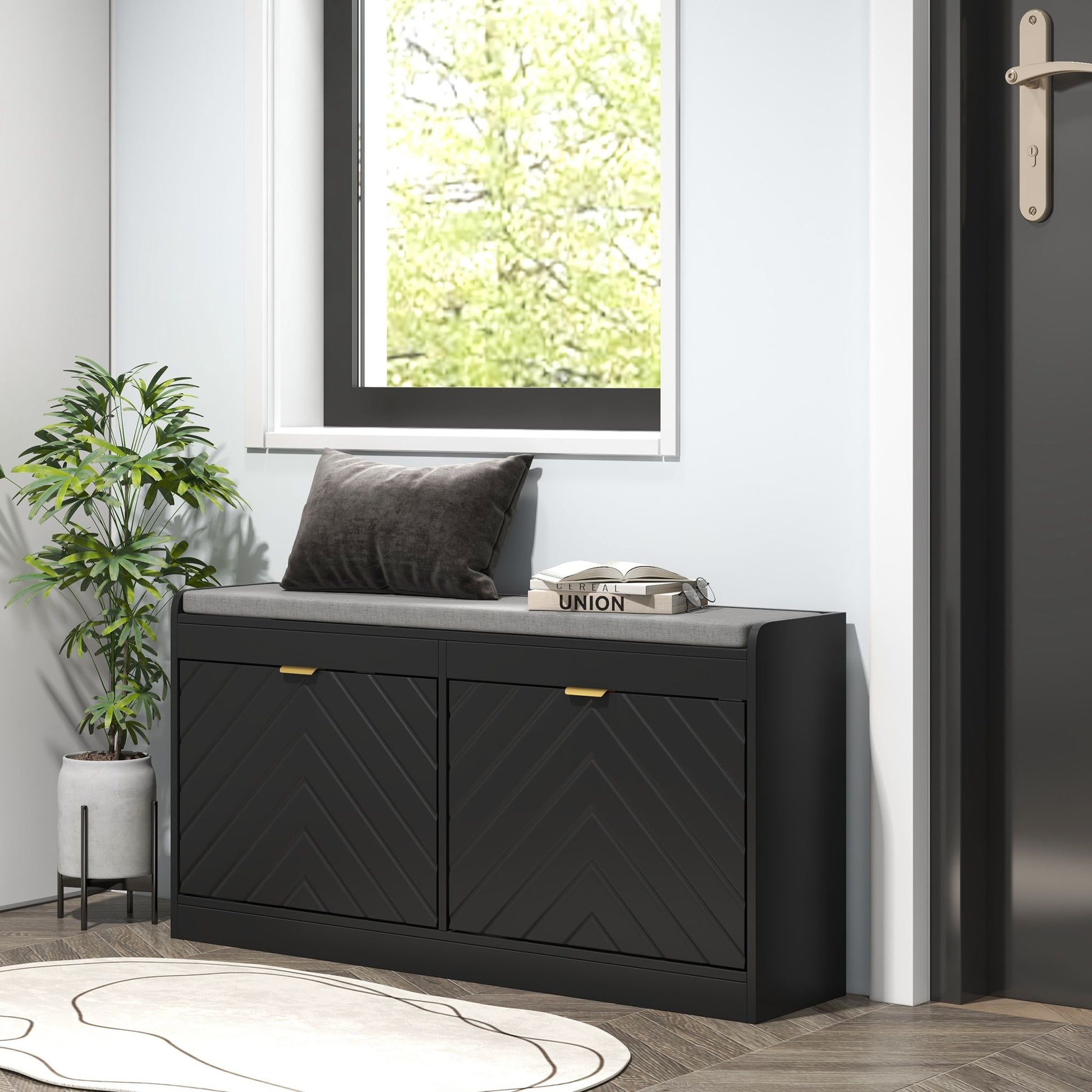 HOMCOM Narrow Shoe Storage Bench with 2 Flip Drawers, Black