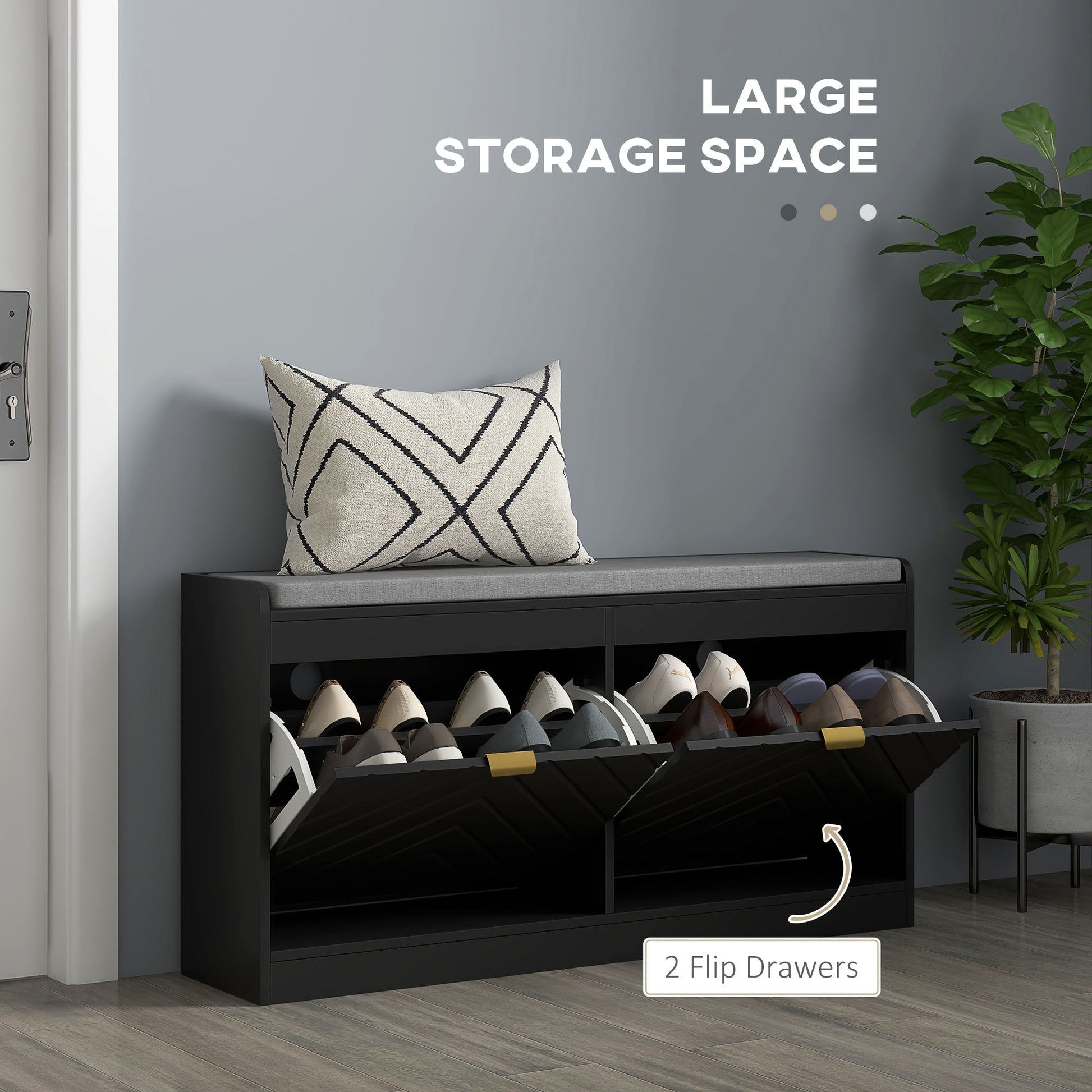 HOMCOM Narrow Shoe Storage Bench with 2 Flip Drawers, Black