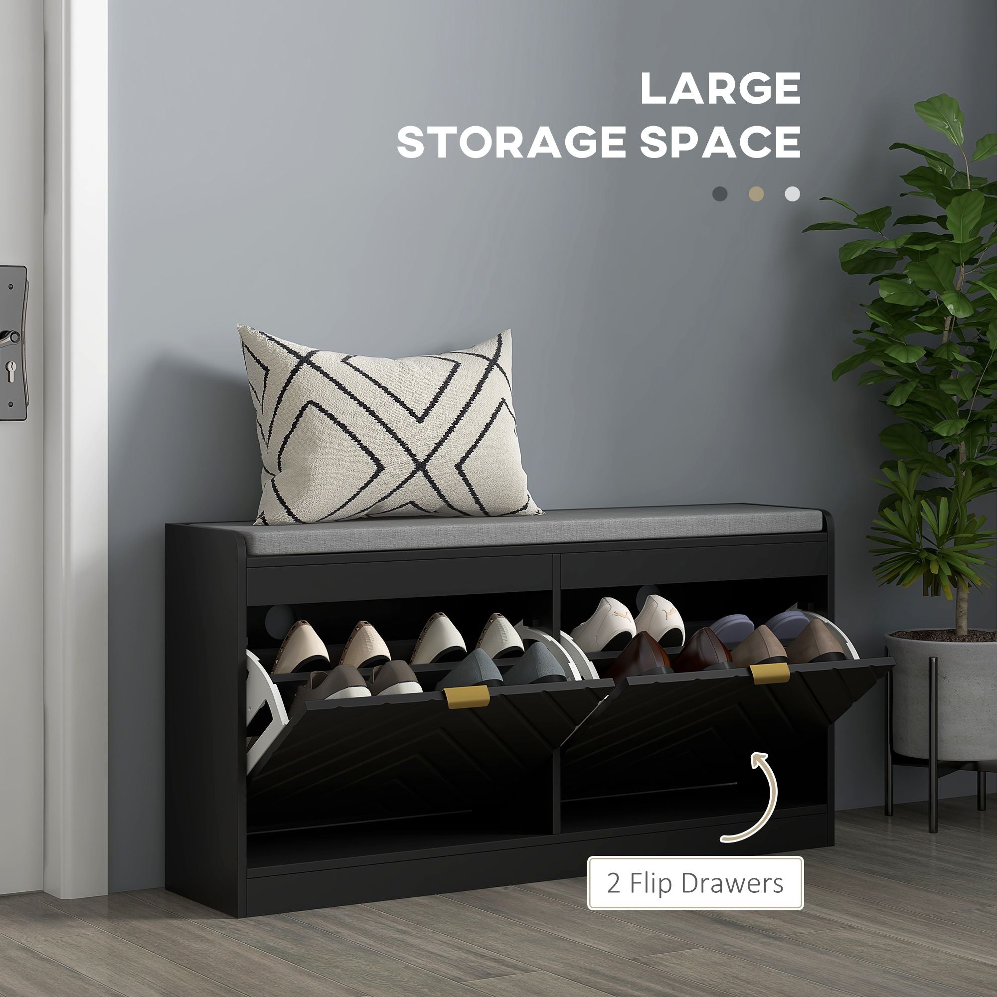 HOMCOM Narrow Shoe Storage Bench with 2 Flip Drawers, Black