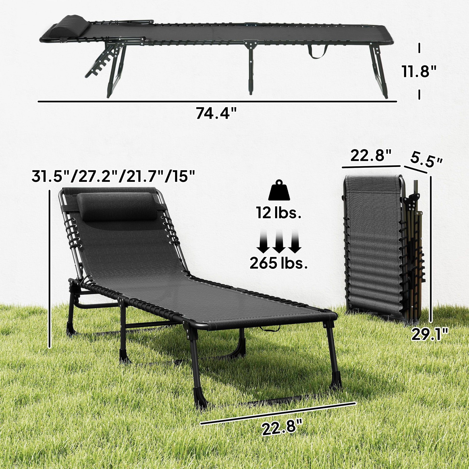 Outsunny Folding Chaise Lounge Chair with 4-Position Backrest, Black