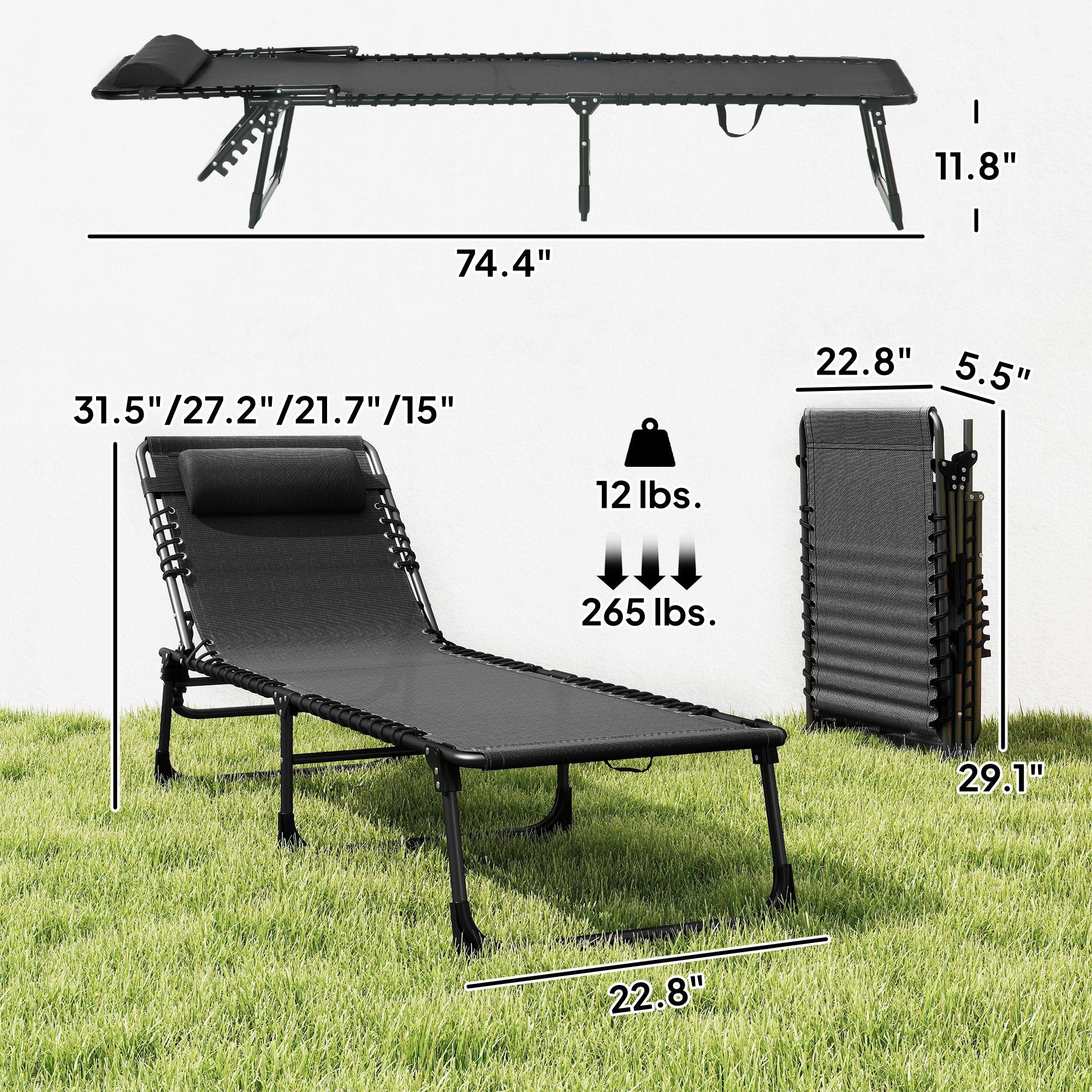 Outsunny Folding Chaise Lounge Chair with 4-Position Backrest, Black