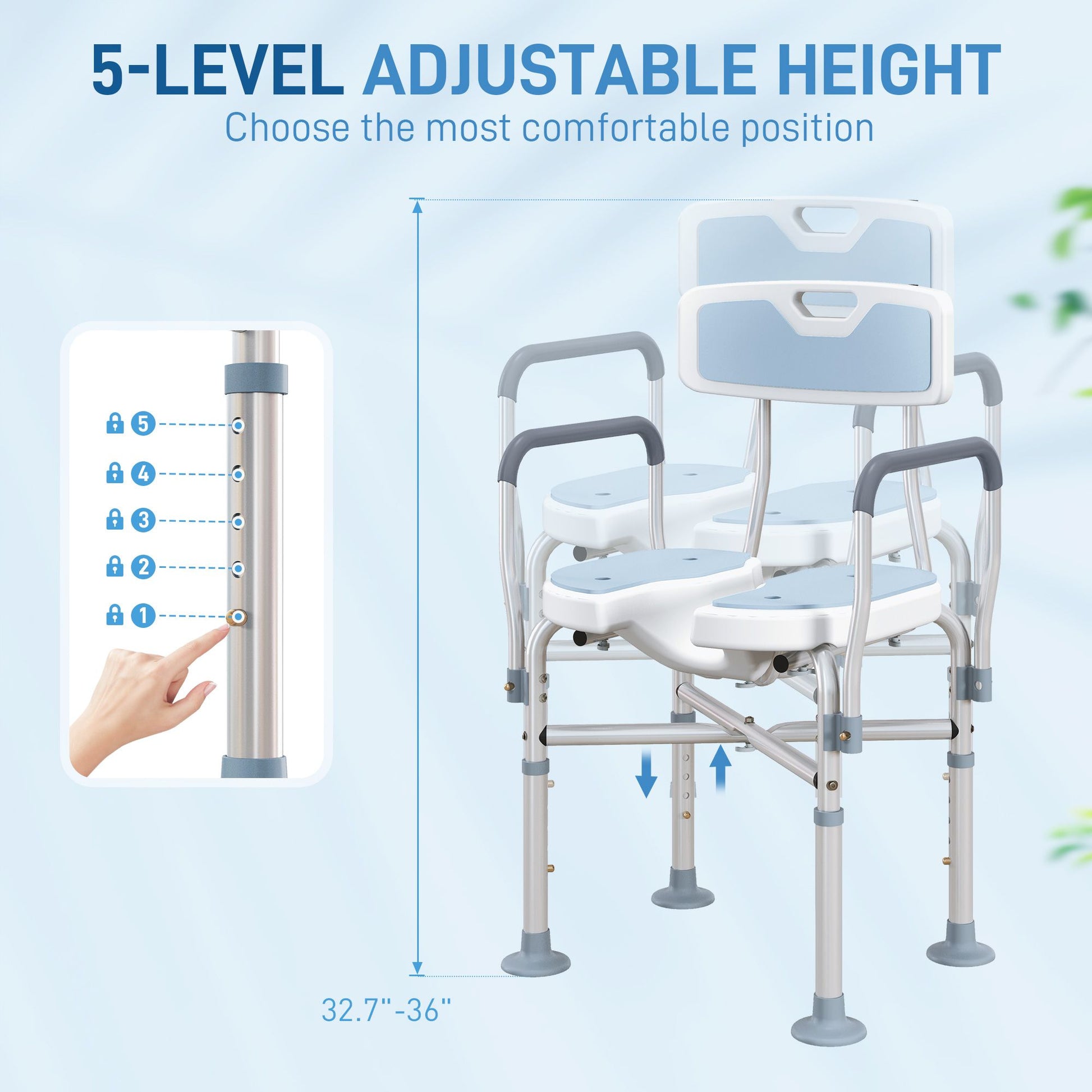 HOMCOM Adjustable Padded Shower Chair with Arms and Back, Light Blue