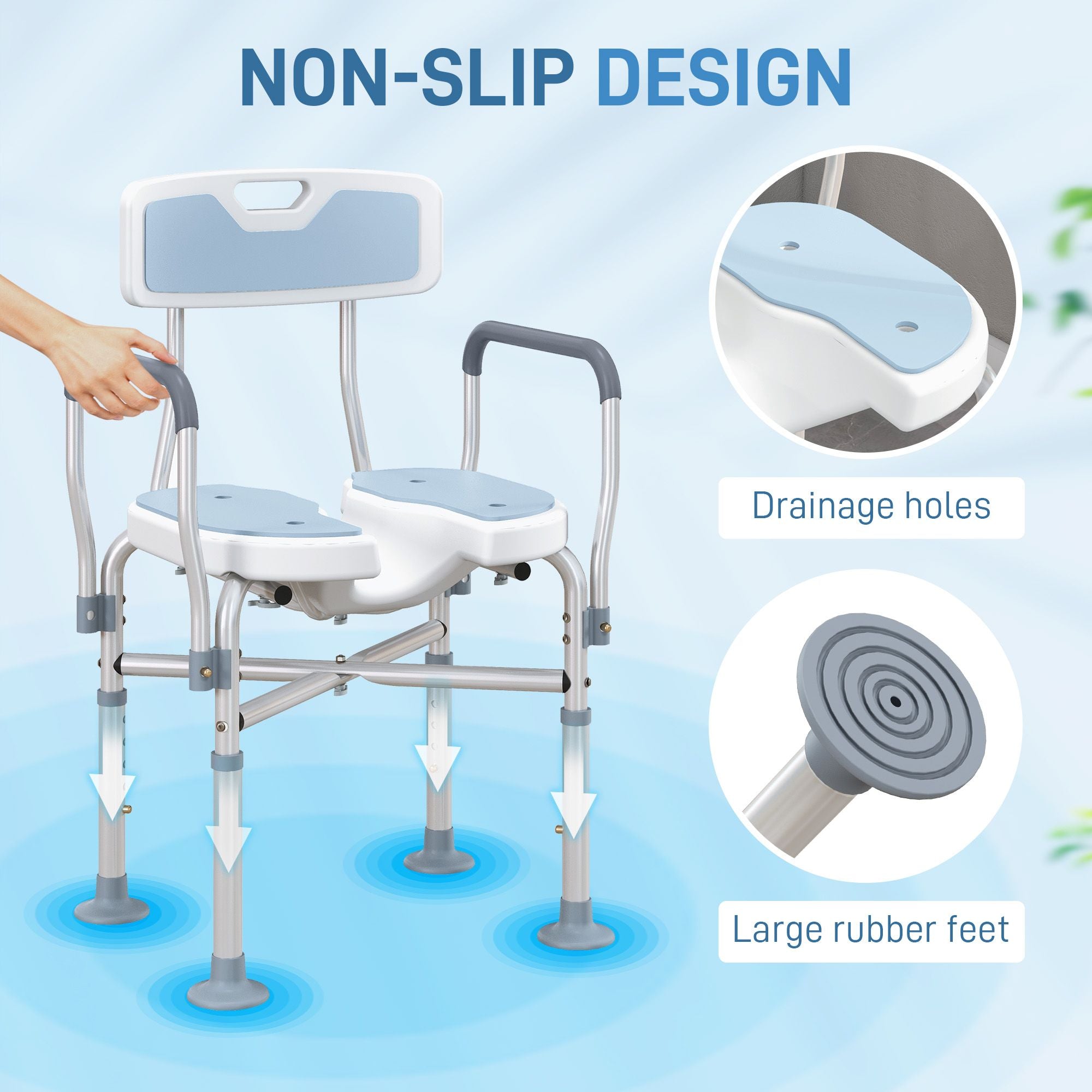 HOMCOM Adjustable Padded Shower Chair with Arms and Back, Light Blue