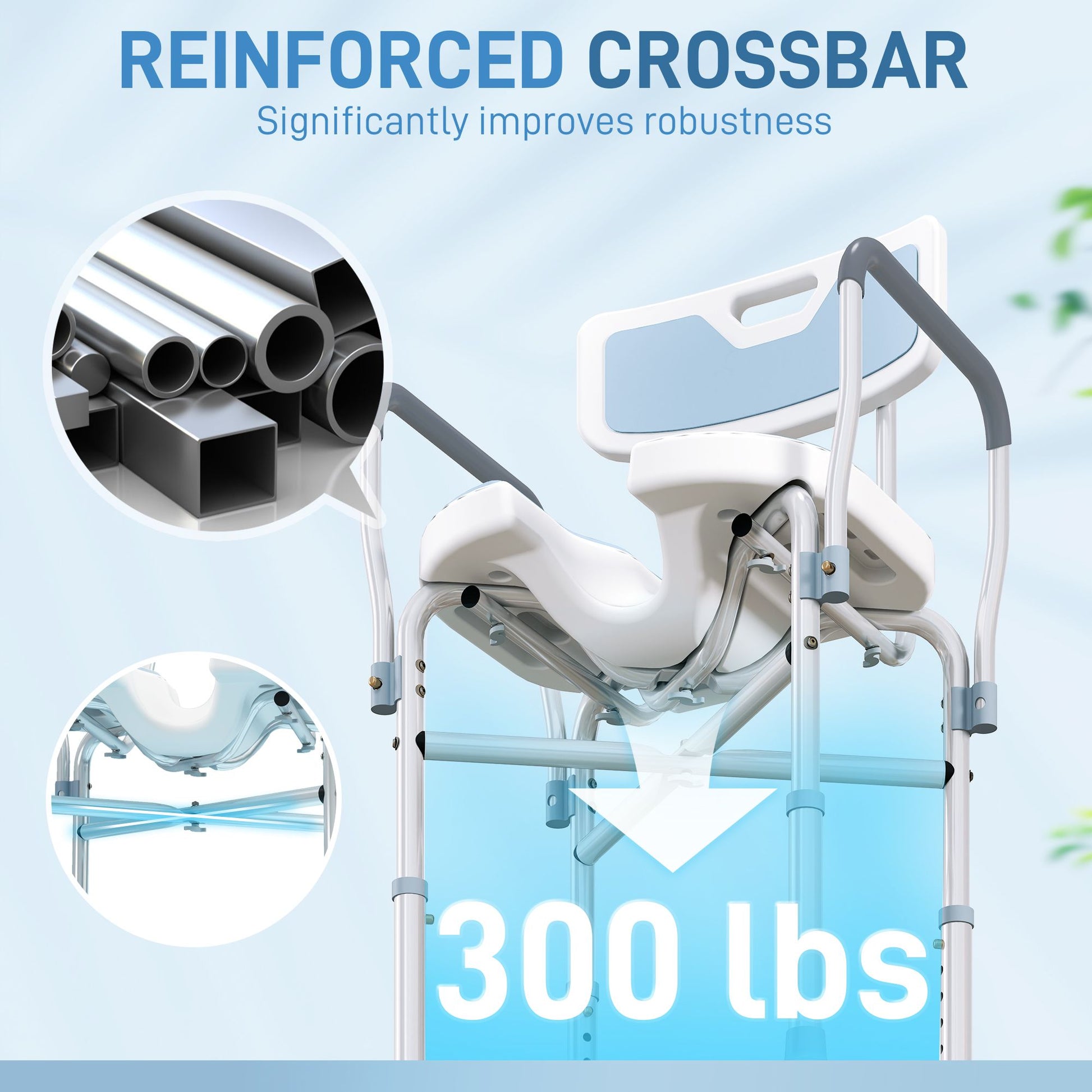 HOMCOM Adjustable Padded Shower Chair with Arms and Back, Light Blue