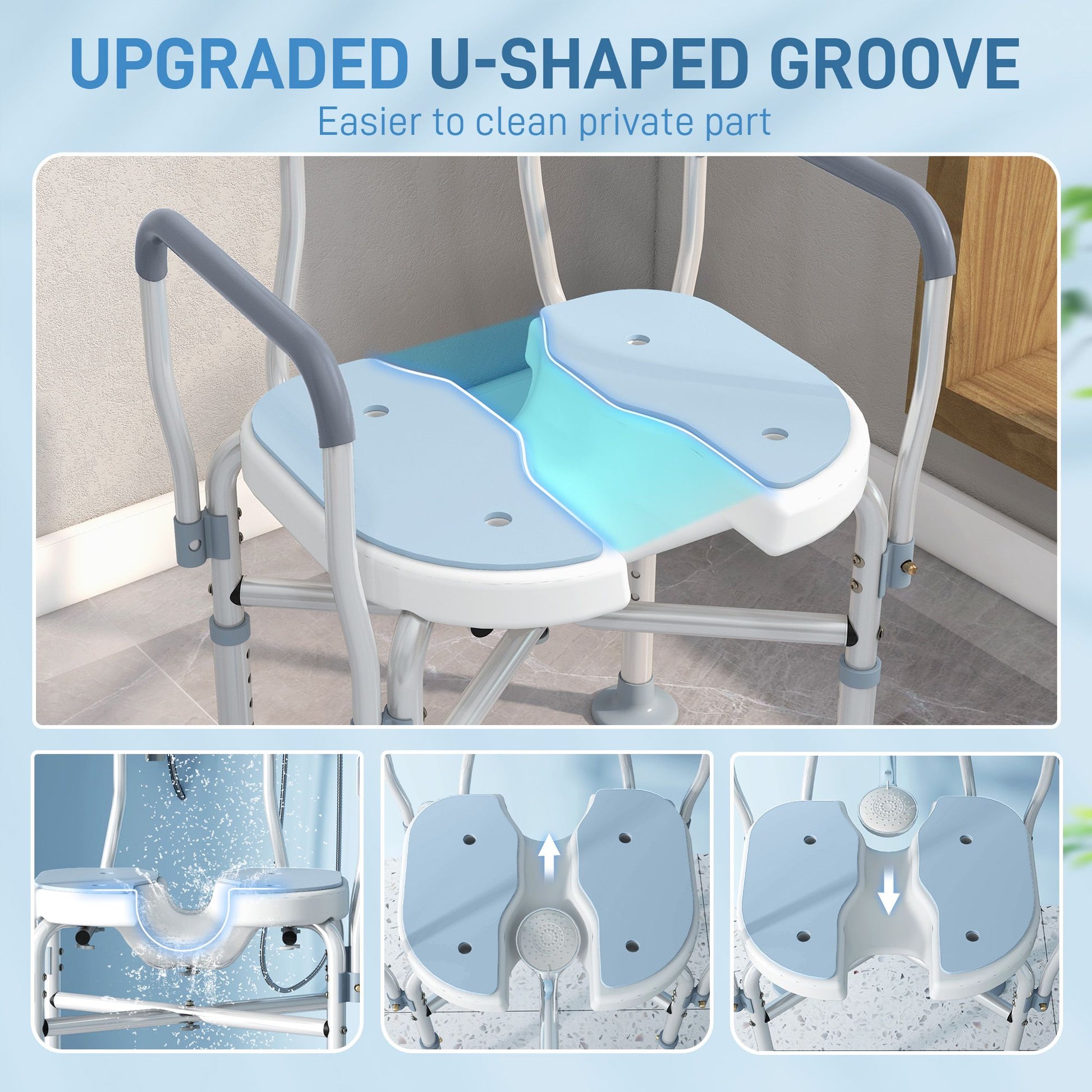 HOMCOM Adjustable Padded Shower Chair with Arms and Back, Light Blue