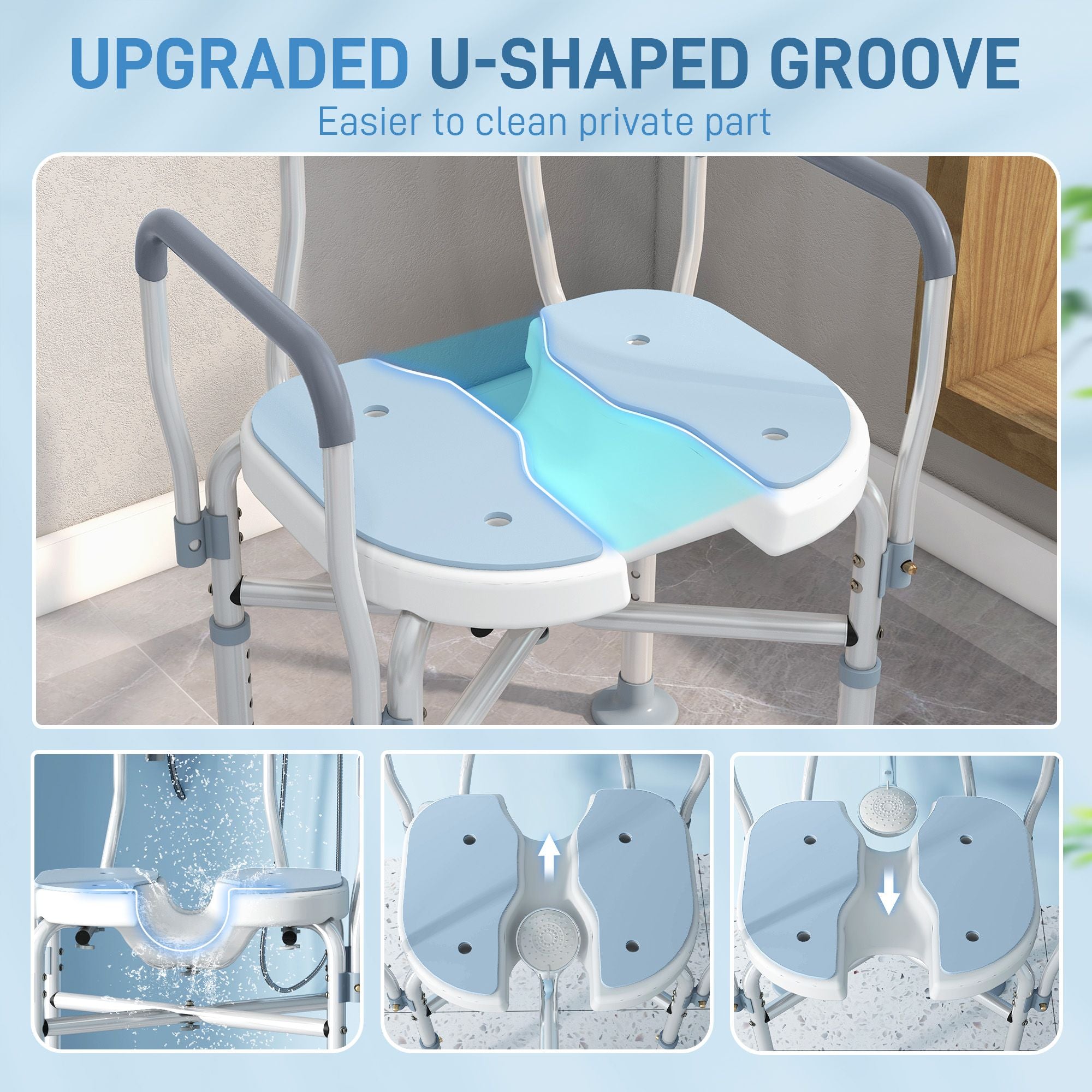 HOMCOM Adjustable Padded Shower Chair with Arms and Back, Light Blue