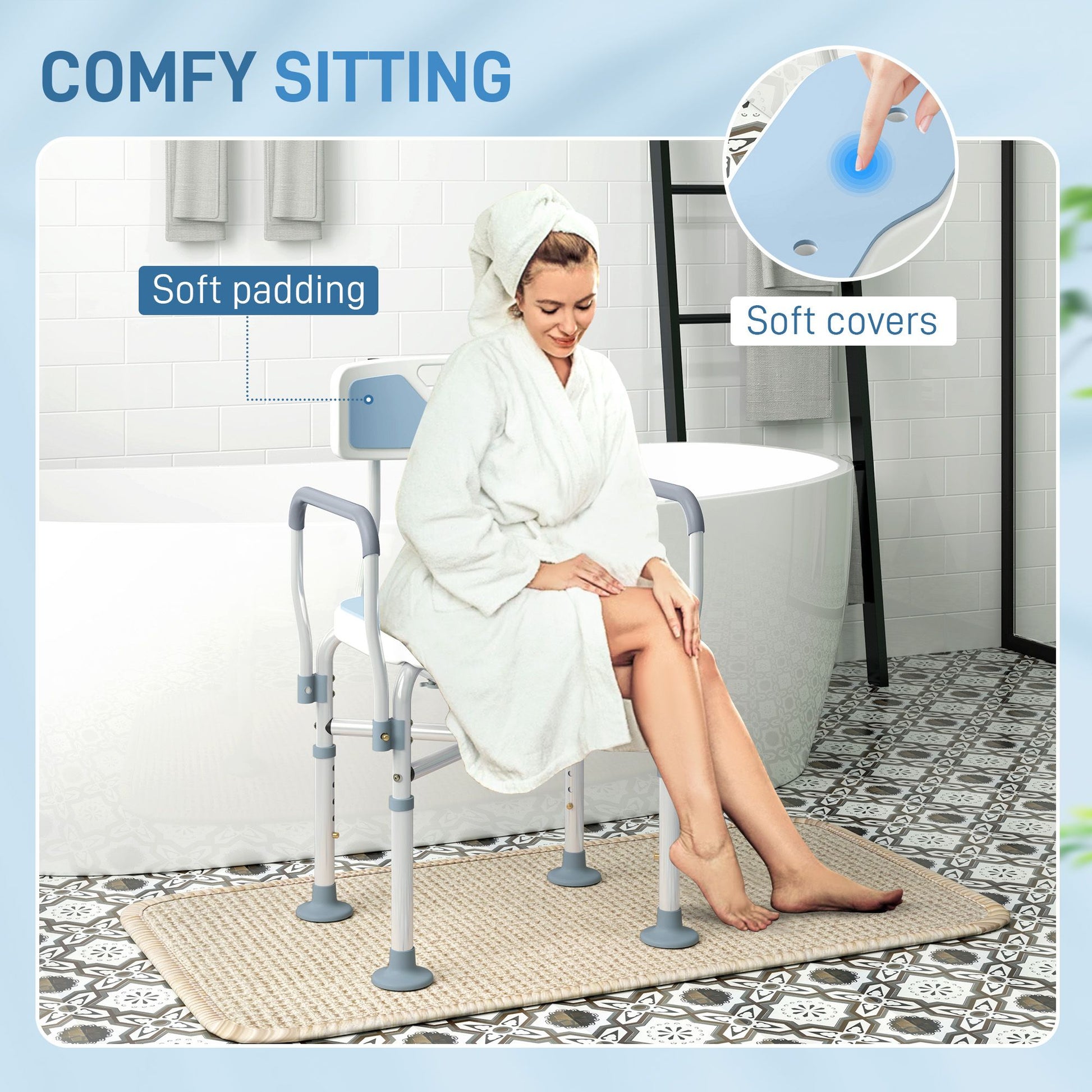 HOMCOM Adjustable Padded Shower Chair with Arms and Back, Light Blue