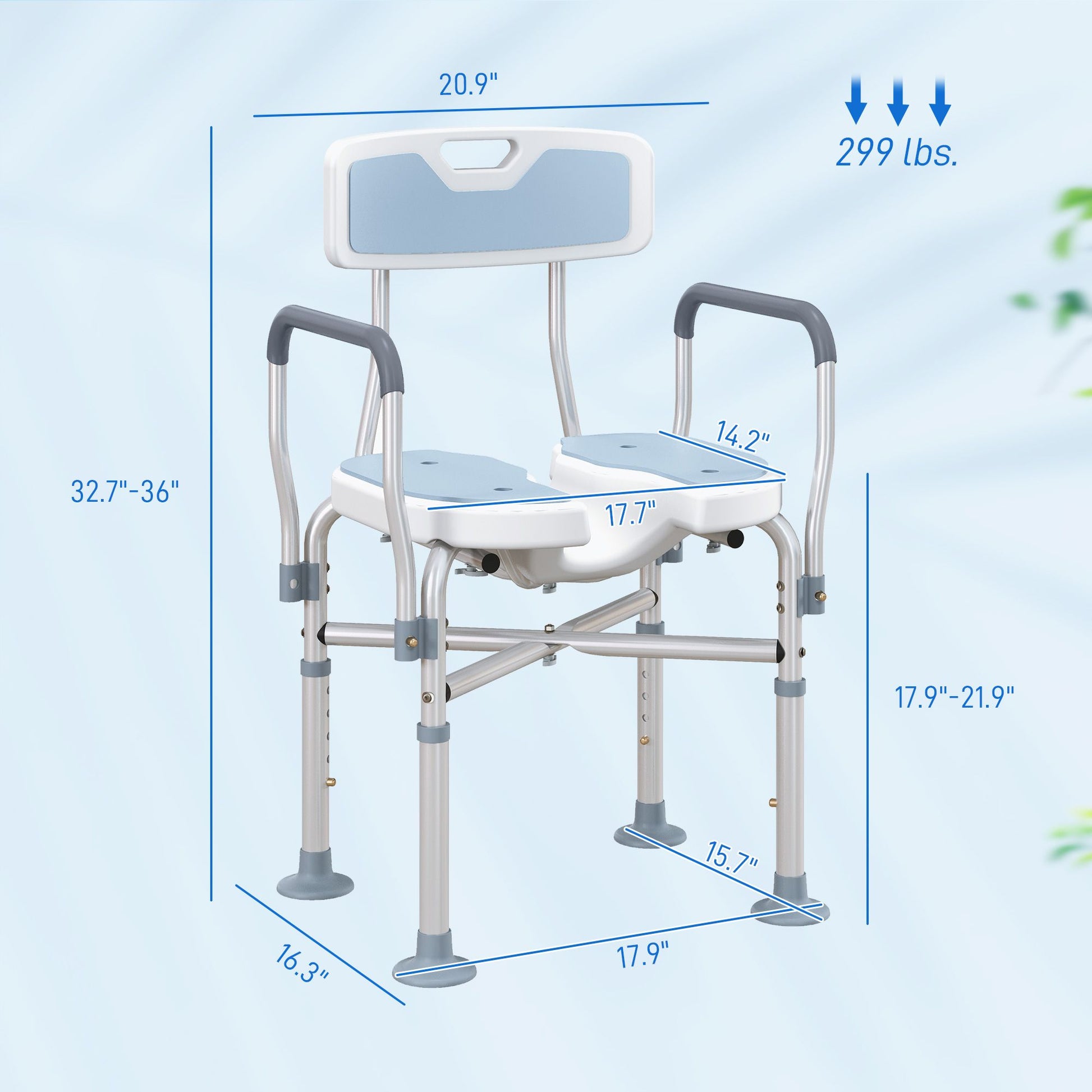 HOMCOM Adjustable Padded Shower Chair with Arms and Back, Light Blue