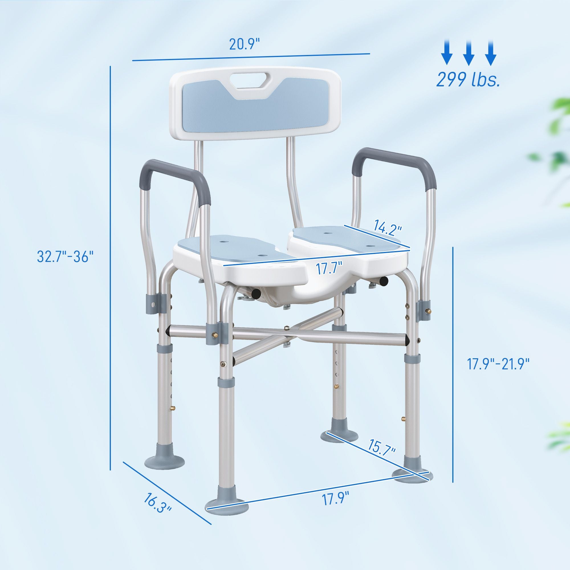 HOMCOM Adjustable Padded Shower Chair with Arms and Back, Light Blue
