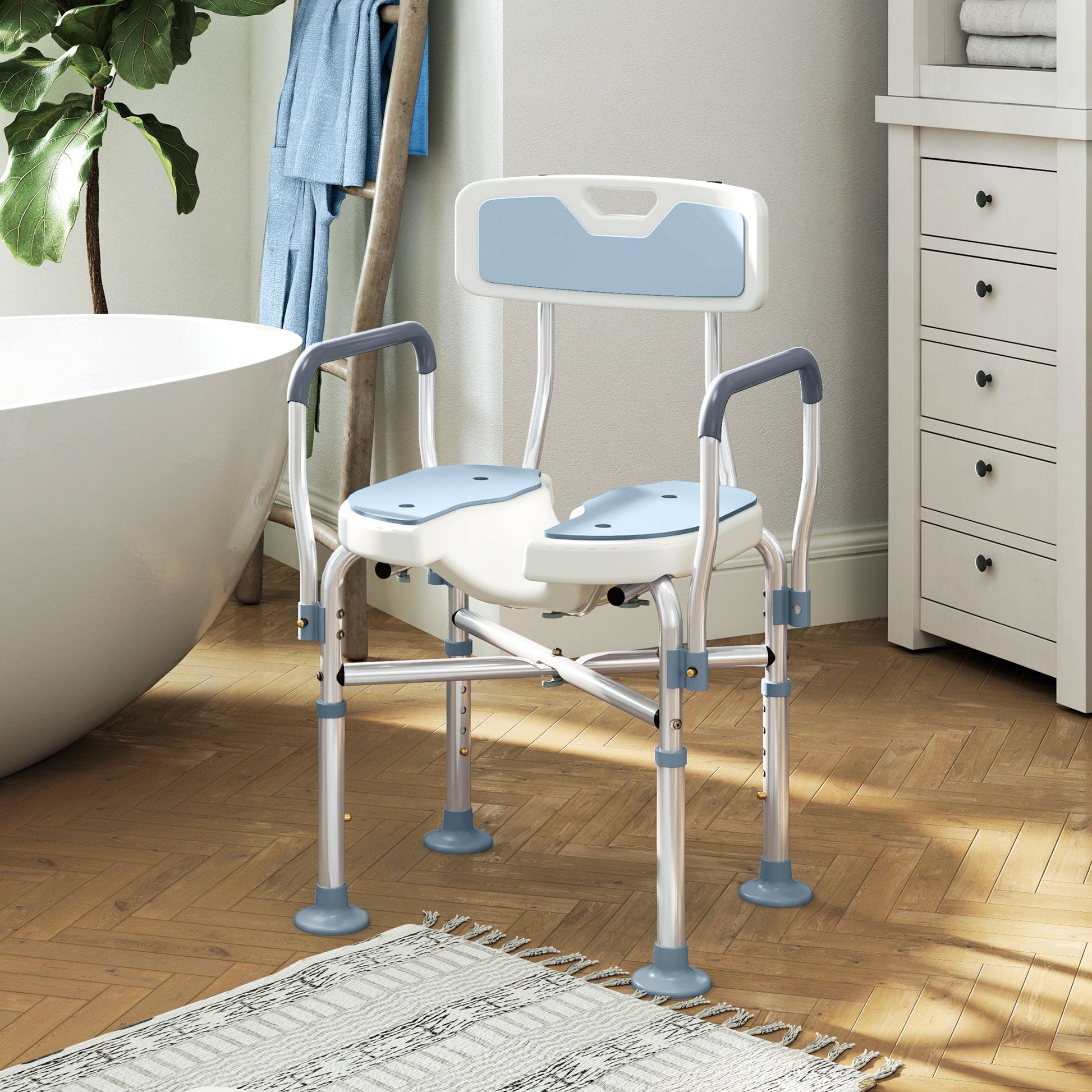 HOMCOM Adjustable Padded Shower Chair with Arms and Back, Light Blue