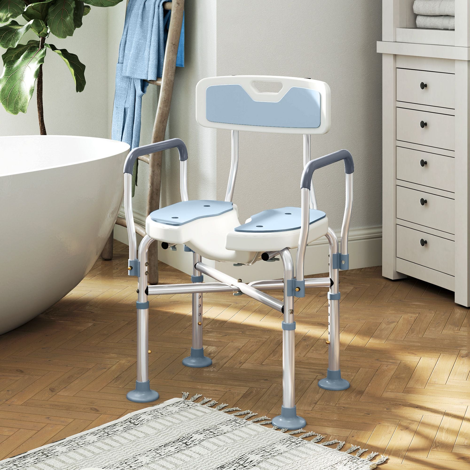 HOMCOM Adjustable Padded Shower Chair with Arms and Back, Light Blue