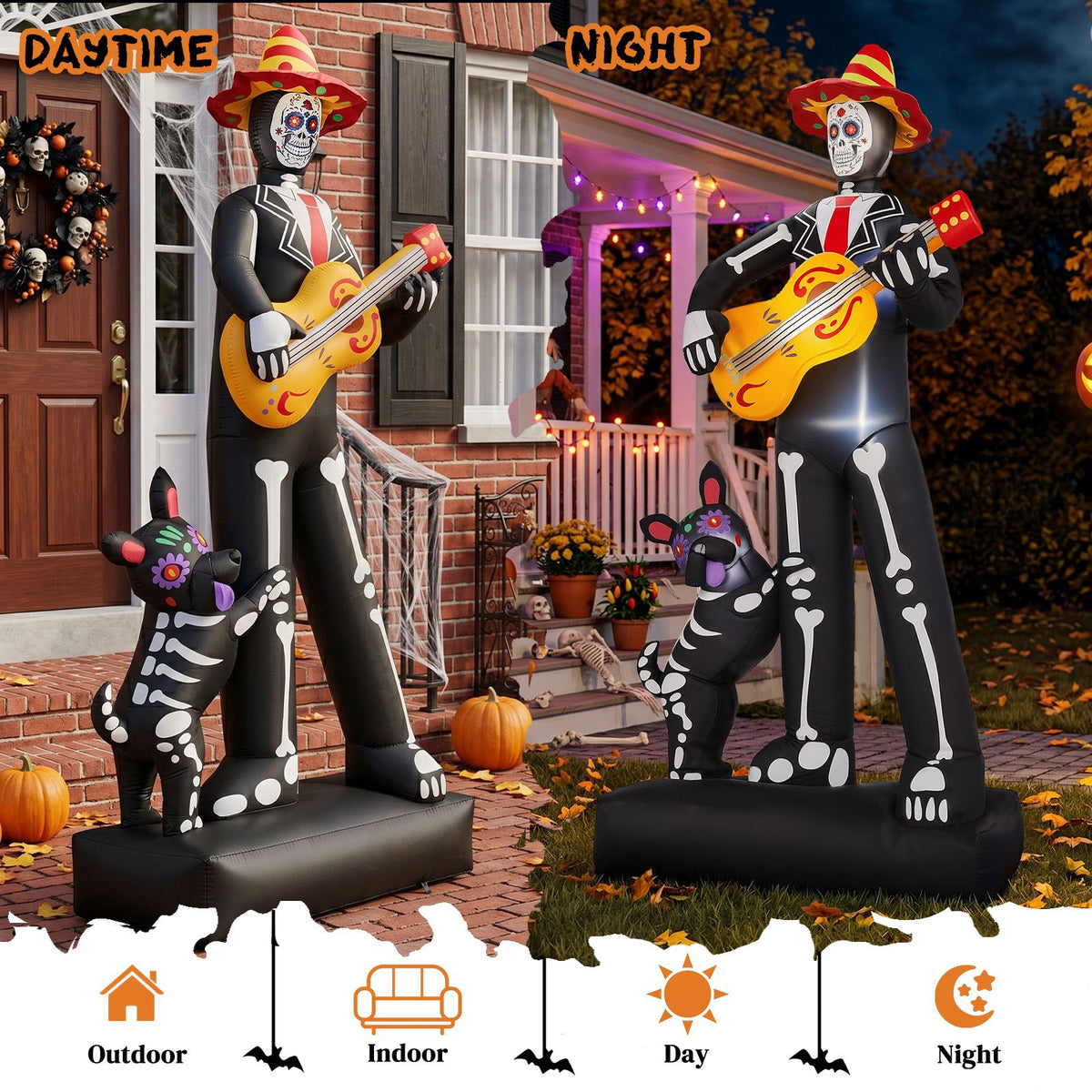 7.3ft Ghostly Musician with Dog, 6 LEDs, Black, White, Orange, Halloween Inflatable Decoration, 1500mA, 12V, US Standard - product view 9