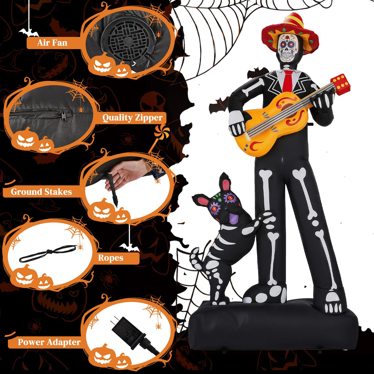 7.3ft Ghostly Musician with Dog, 6 LEDs, Black, White, Orange, Halloween Inflatable Decoration, 1500mA, 12V, US Standard - product view 6