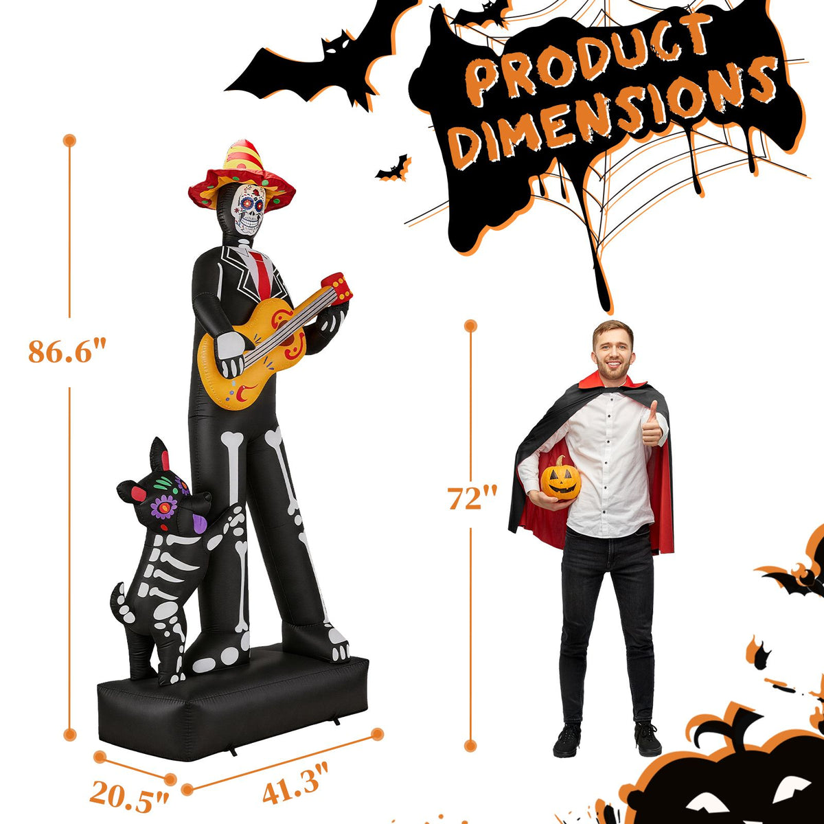 7.3ft Ghostly Musician with Dog, 6 LEDs, Black, White, Orange, Halloween Inflatable Decoration, 1500mA, 12V, US Standard - product view 2