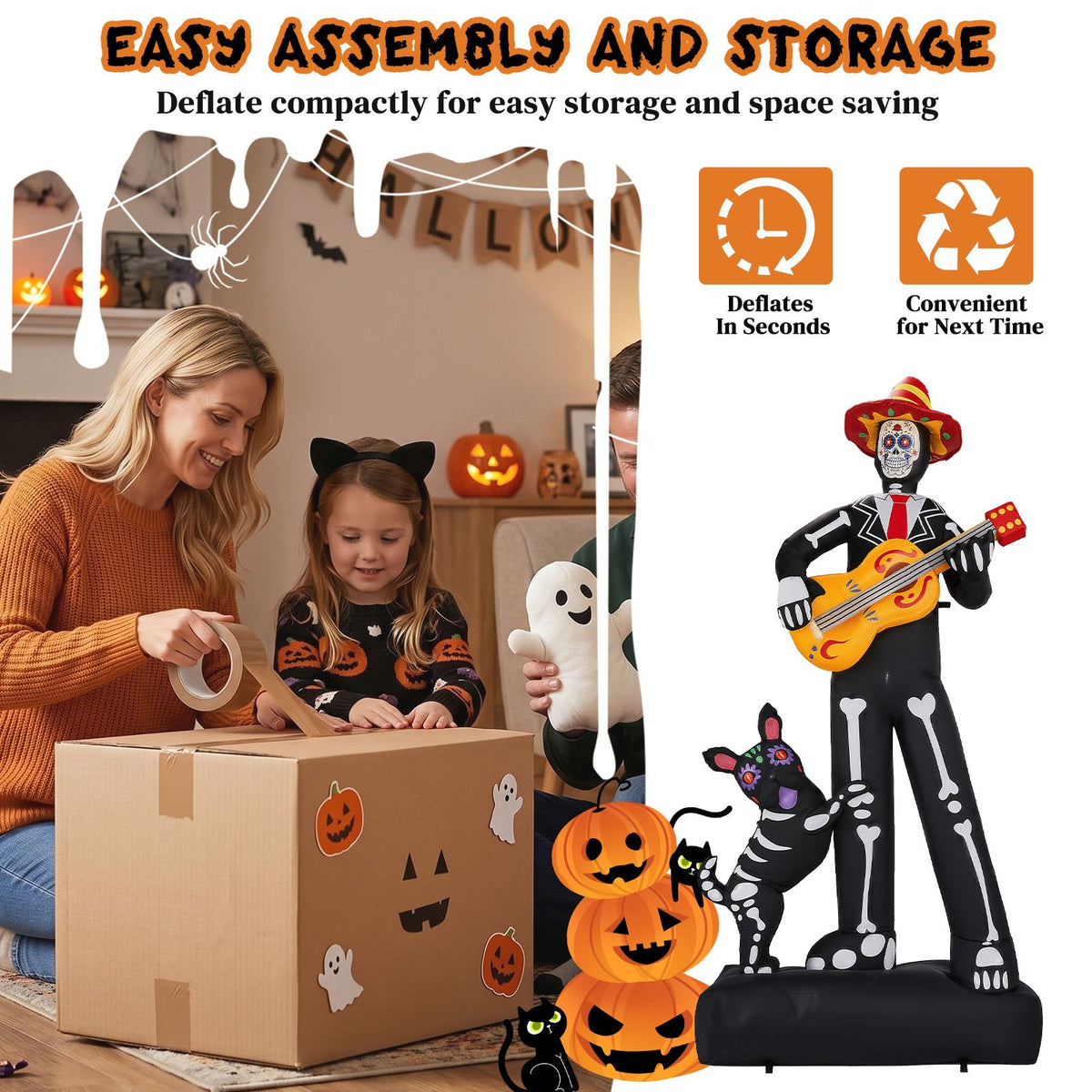 7.3ft Ghostly Musician with Dog, 6 LEDs, Black, White, Orange, Halloween Inflatable Decoration, 1500mA, 12V, US Standard - product view 7