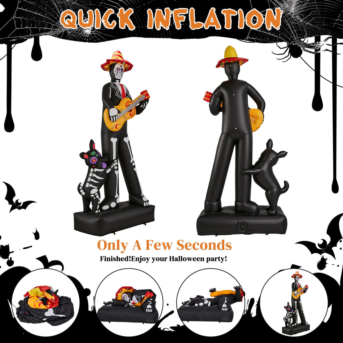 7.3ft Ghostly Musician with Dog, 6 LEDs, Black, White, Orange, Halloween Inflatable Decoration, 1500mA, 12V, US Standard - product view 5