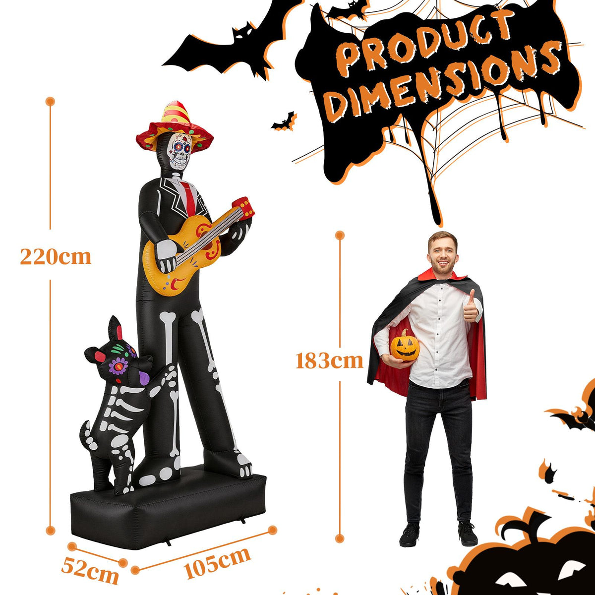 7.3ft Ghostly Musician with Dog, 6 LEDs, Black, White, Orange, Halloween Inflatable Decoration, 1500mA, 12V, US Standard - product view 4