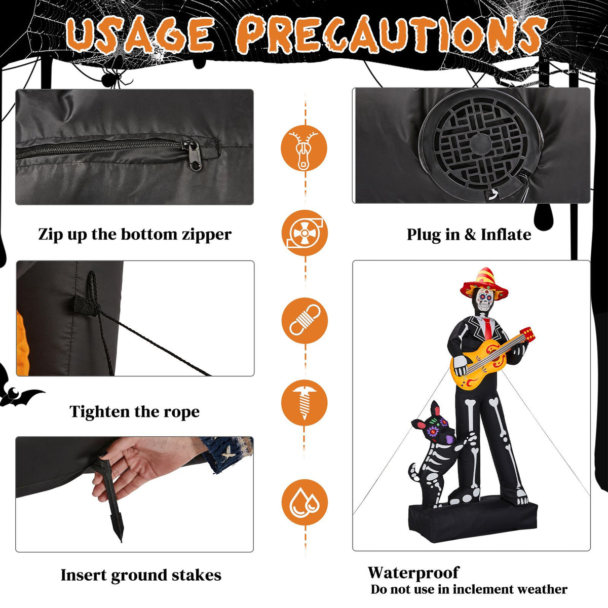 7.3ft Ghostly Musician with Dog, 6 LEDs, Black, White, Orange, Halloween Inflatable Decoration, 1500mA, 12V, US Standard - product view 3