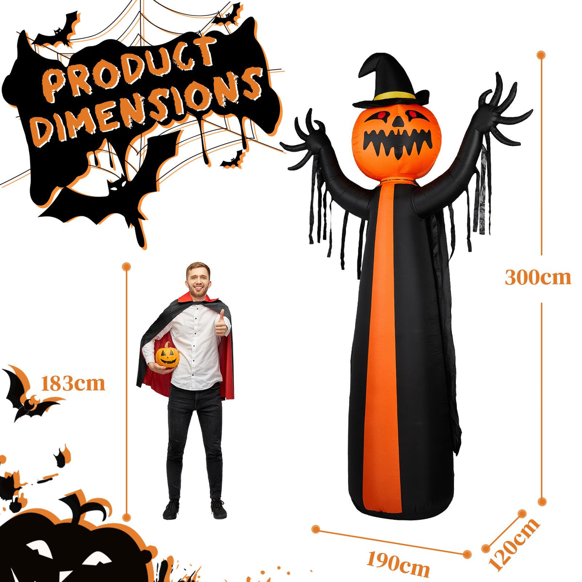 10ft Inflatable Halloween Decor with Rotatable Head Pumpkin Ghost in Cape, 6 Built-in LED Lights, Black & Orange, 12V 2000mA US Power Adapter - product view 5