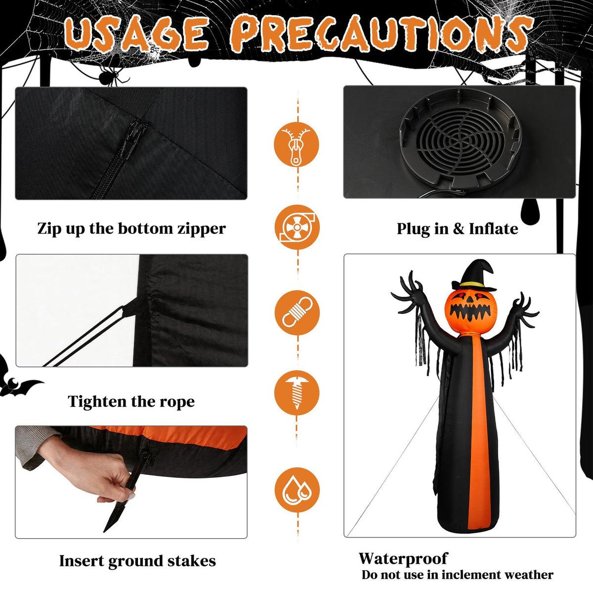 10ft Inflatable Halloween Decor with Rotatable Head Pumpkin Ghost in Cape, 6 Built-in LED Lights, Black & Orange, 12V 2000mA US Power Adapter - product view 6