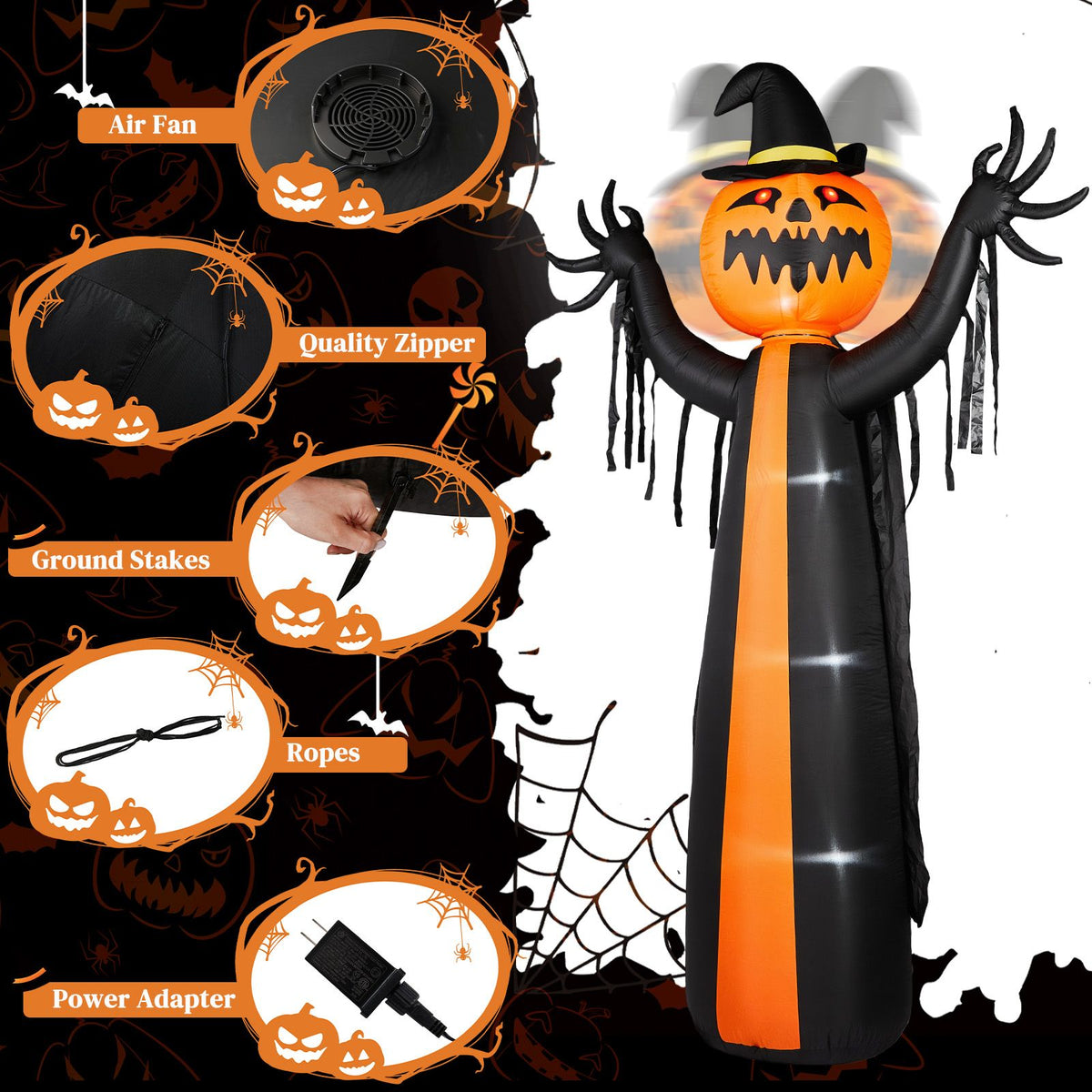 10ft Inflatable Halloween Decor with Rotatable Head Pumpkin Ghost in Cape, 6 Built-in LED Lights, Black & Orange, 12V 2000mA US Power Adapter - product view 7