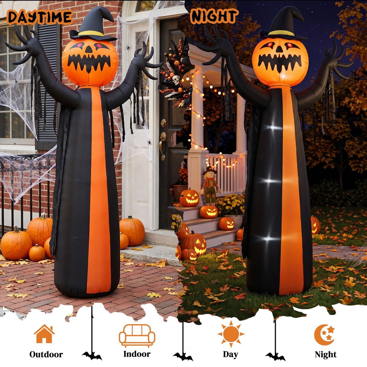 10ft Inflatable Halloween Decor with Rotatable Head Pumpkin Ghost in Cape, 6 Built-in LED Lights, Black & Orange, 12V 2000mA US Power Adapter - product view 9