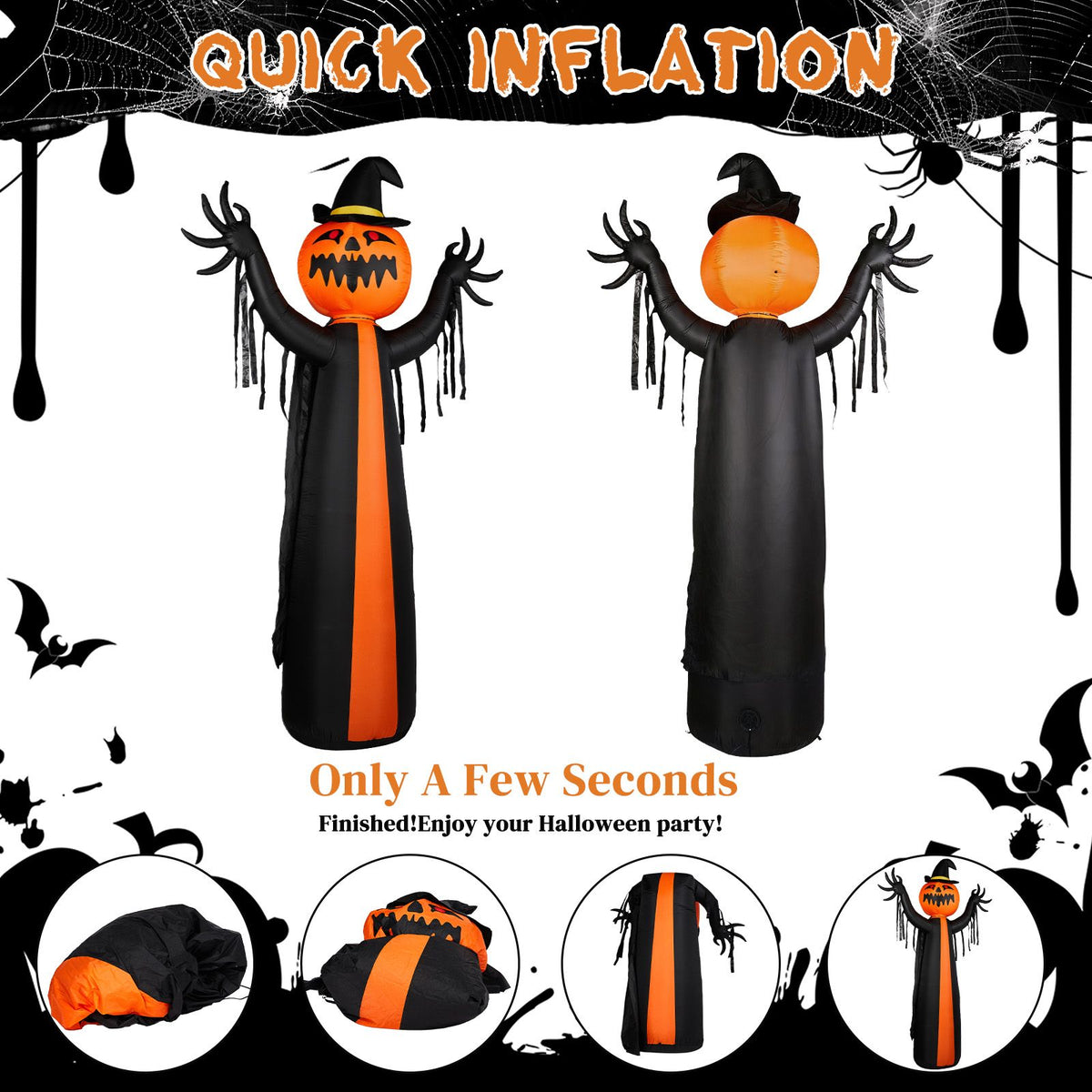 10ft Inflatable Halloween Decor with Rotatable Head Pumpkin Ghost in Cape, 6 Built-in LED Lights, Black & Orange, 12V 2000mA US Power Adapter - product view 3