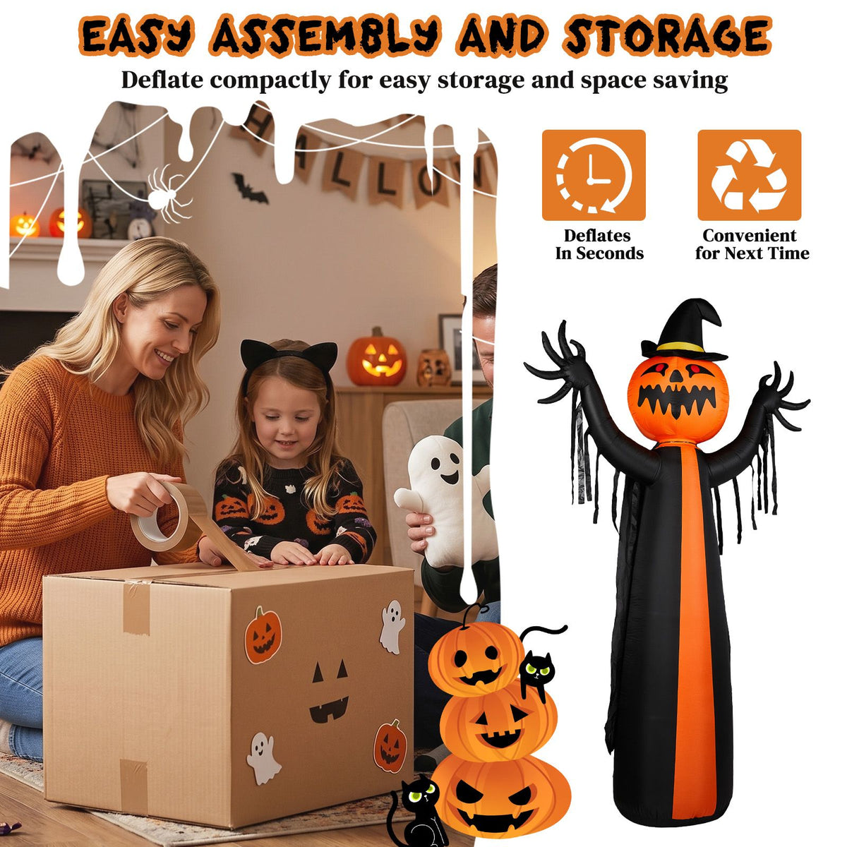10ft Inflatable Halloween Decor with Rotatable Head Pumpkin Ghost in Cape, 6 Built-in LED Lights, Black & Orange, 12V 2000mA US Power Adapter - product view 8