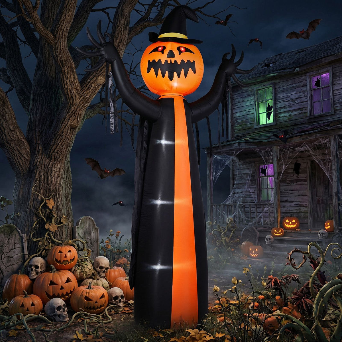 10ft Inflatable Halloween Decor with Rotatable Head Pumpkin Ghost in Cape, 6 Built-in LED Lights, Black & Orange, 12V 2000mA US Power Adapter - product view 10