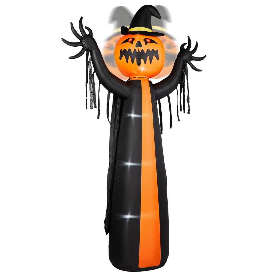 10ft Inflatable Halloween Decor with Rotatable Head Pumpkin Ghost in Cape, 6 Built-in LED Lights, Black & Orange, 12V 2000mA US Power Adapter