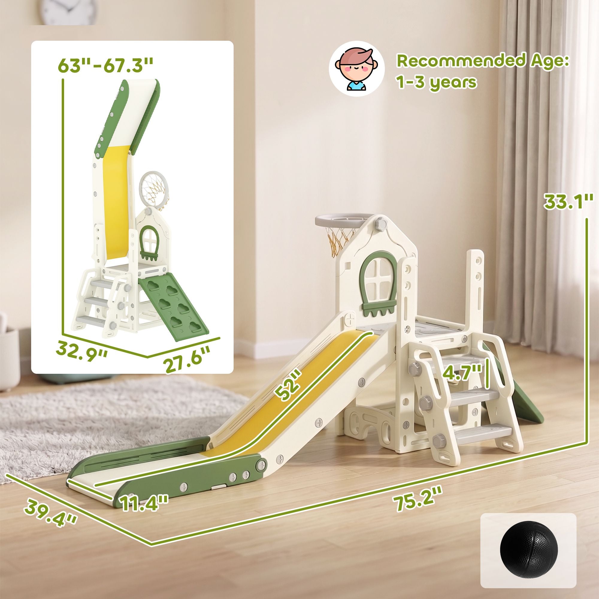 Qaba 5-in-1 Foldable Toddler Slide and Climber with Basketball Hoop, Cream - product view 3