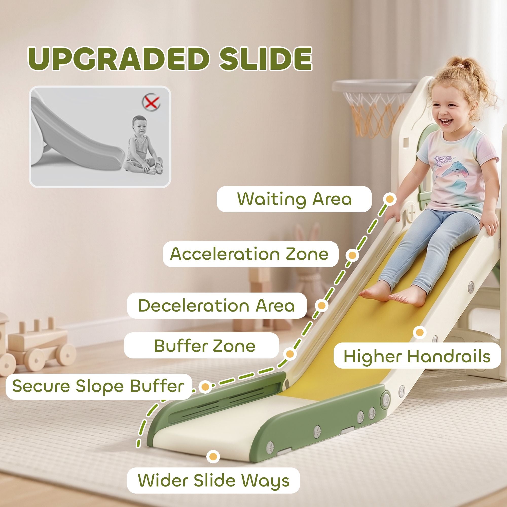 Qaba 5-in-1 Foldable Toddler Slide and Climber with Basketball Hoop, Cream - product view 6