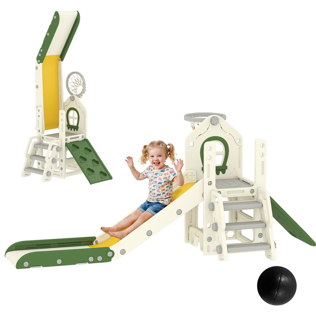 Qaba 5-in-1 Foldable Toddler Slide and Climber with Basketball Hoop, Cream