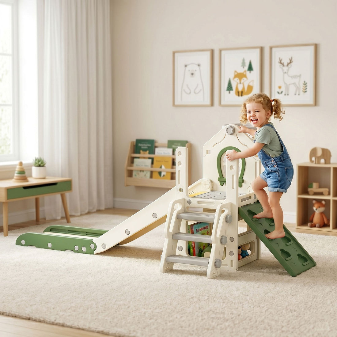 Qaba 5-in-1 Foldable Toddler Slide and Climber with Basketball Hoop, Cream